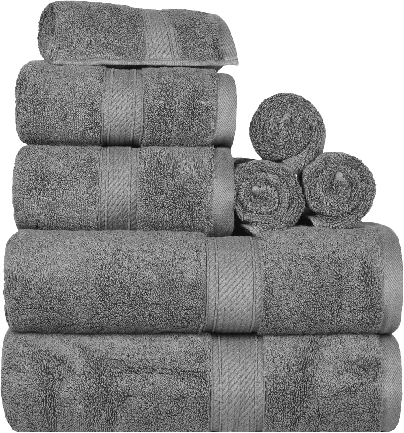 Superior Egyptian Cotton Pile 8 Piece Towel Set, Includes 2 Bath, 2 Hand, 4 Face Towels/Washcloths, Ultra Soft Luxury Towels, Thick Plush Essentials, Guest Bath, Spa, Hotel Bathroom, Charcoal