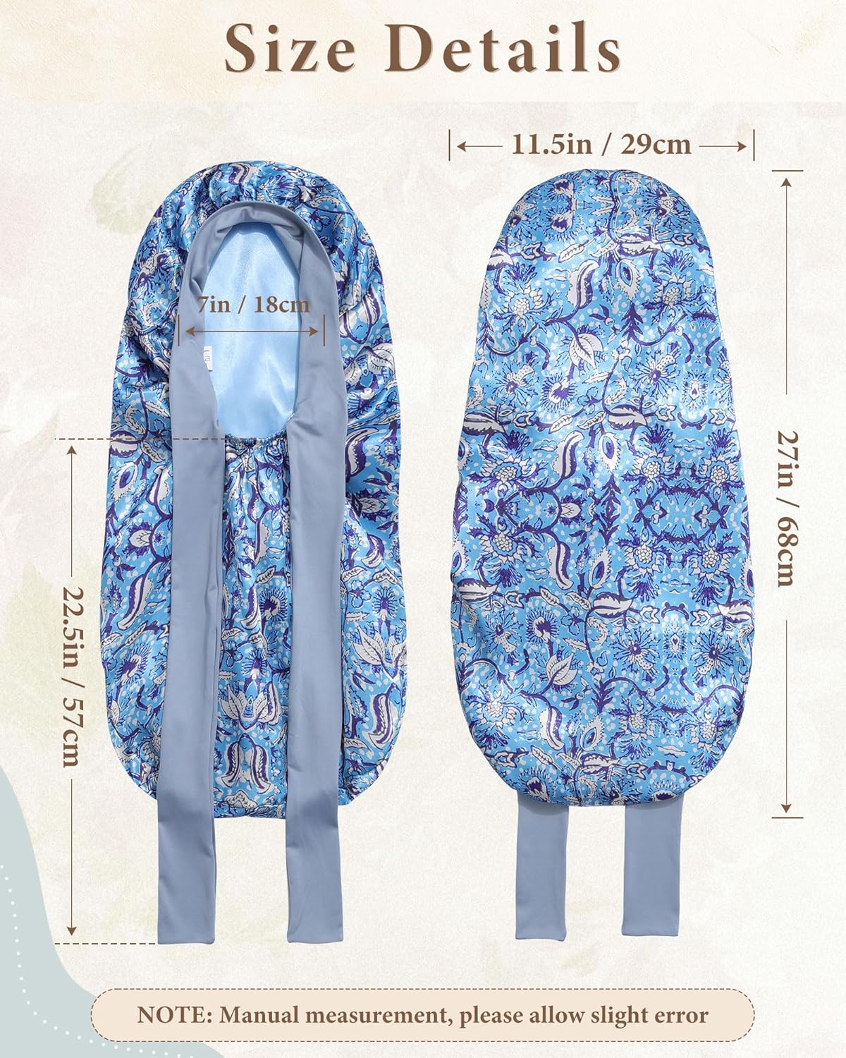 AWAYTR Long Satin Bonnet for Sleeping, Reversible Double Layer Hair Bonnet with Elastic Tie Band (Ethnic Floral Print+Blue)