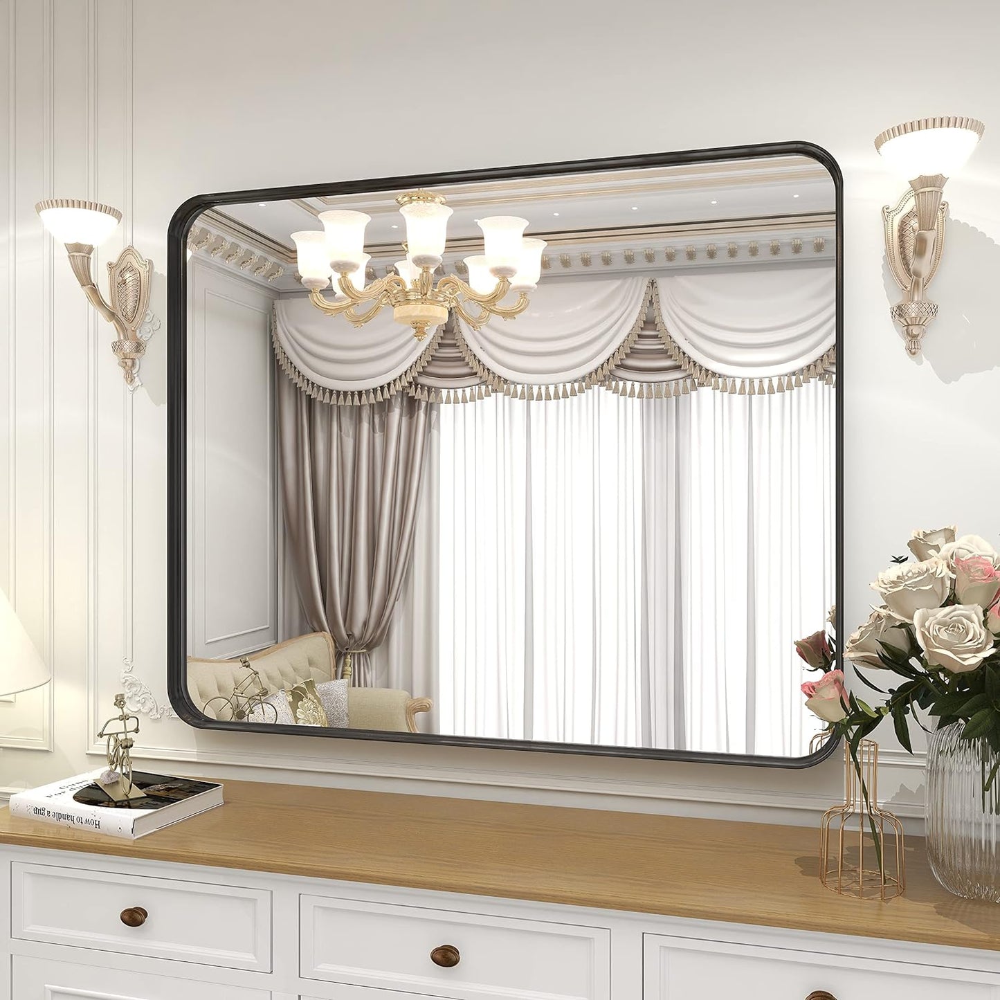 VooBang Bathroom Mirror 30x40 inch, Black Gorgeous Deep Frame Wall Mirror, Modern Round Corner Bathroom Vanity Mirror for Bedroom, Living Room, Hanging or Leaning Horizontal or Vertical, Black