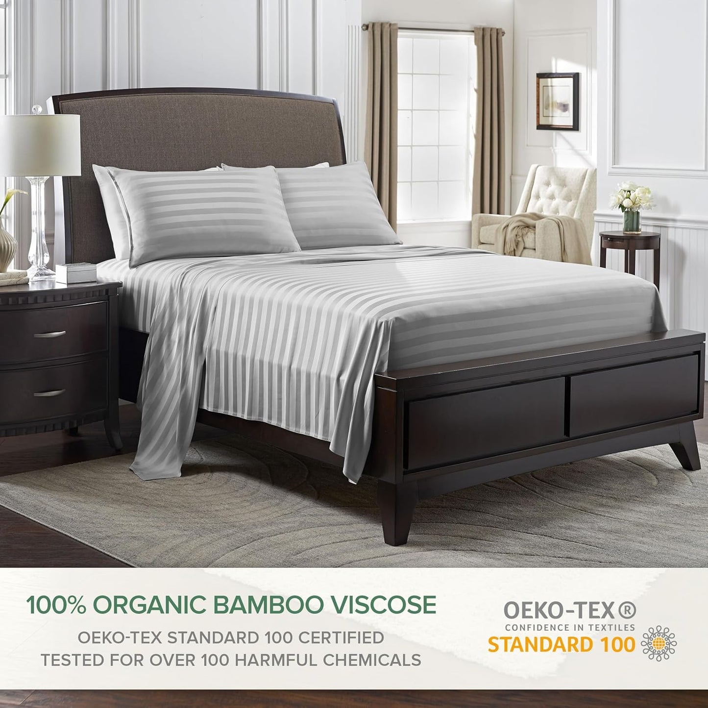 California King Sheets by Pure Bamboo, Genuine 100% Organic Viscose Derived from Bamboo Bed Sheet Set, Soft & Cooling, Double Stitching, Lifetime Quality Promise (California King, Jacquard Silver)