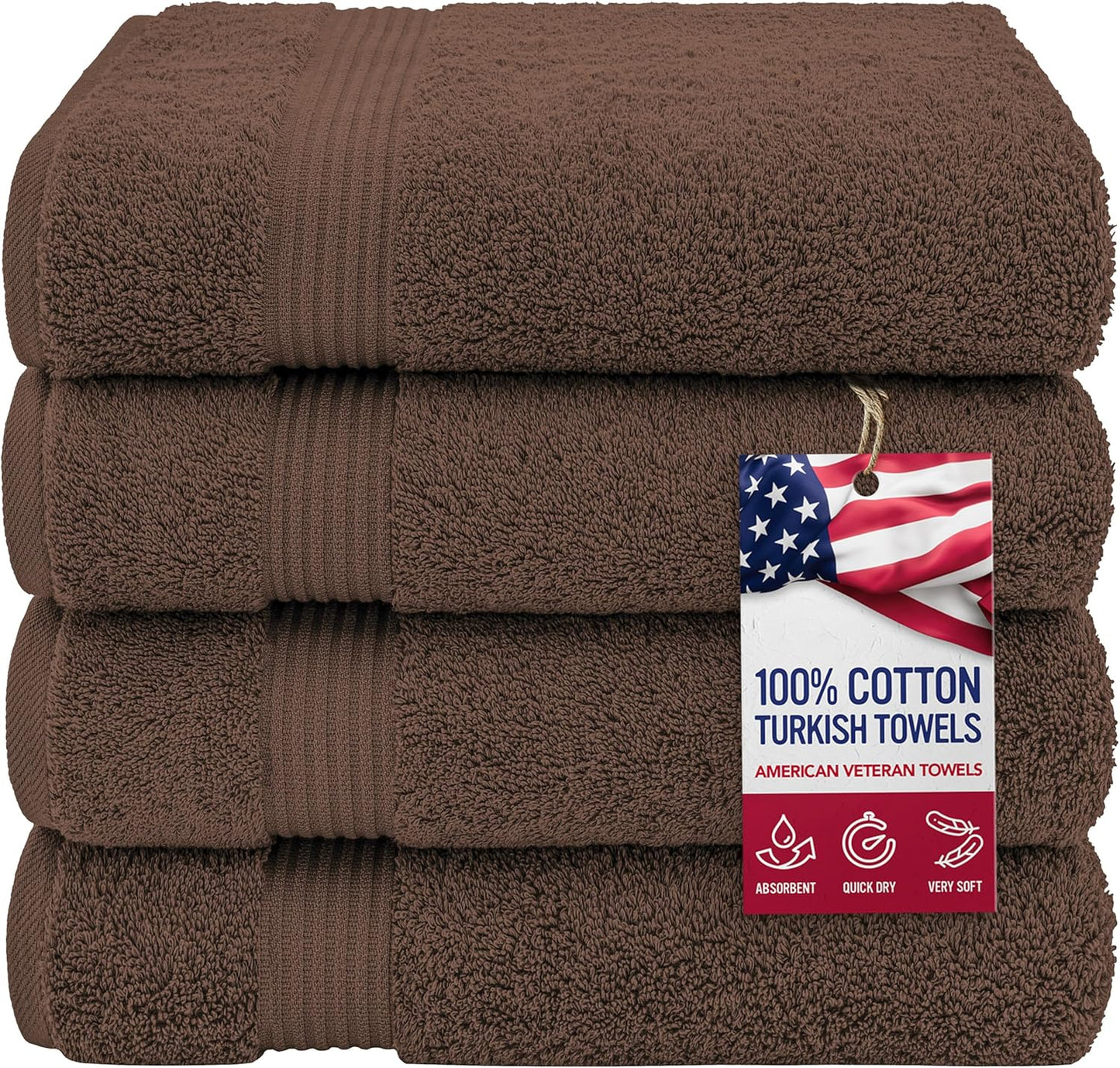 American Veteran Towel, 100% Cotton Turkish Bath Towels for Bathroom 4 Pack, 27x54 Extra Large Premium Soft Drying Bathroom Towels, Brown