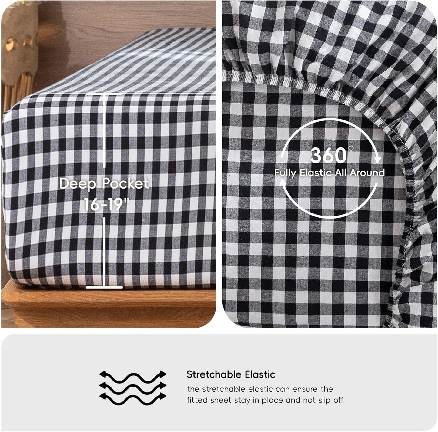 MooMee Gingham Sheet Set 100% Washed Cotton Linen Like Textured Breathable Soft w/Fully Elasticized 16-19" Deep Pocket (Classic Gingham Black White, Queen)