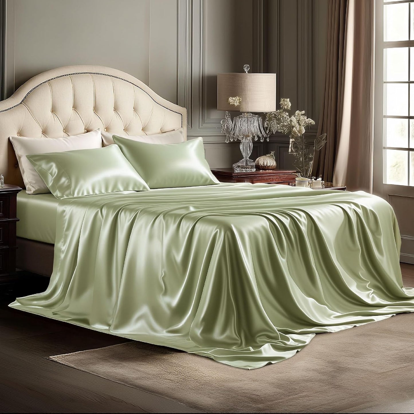 Bedsure Satin Sheets King Size - 4 Piece Silky Bedsheets with Elastic Corner Straps and 15 Inches Deep Pocket Fitted Bedsheet,1 Flat Sheet, 2 Satin Pillowcases, Good for Hair & Skin (King, Sage Green)