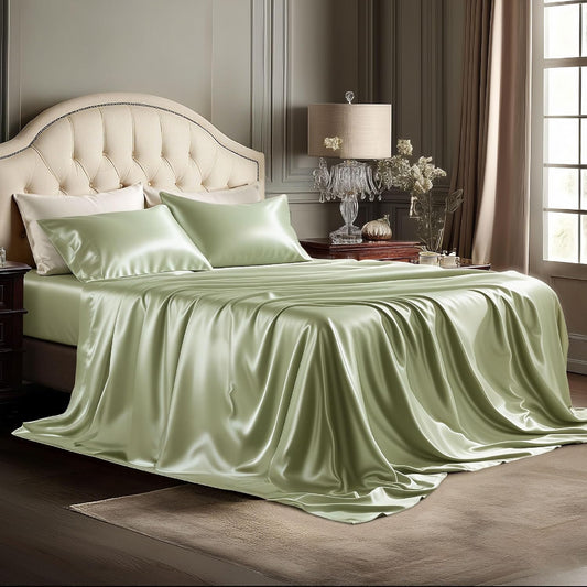 Bedsure Satin Sheets King Size - 4 Piece Silky Bedsheets with Elastic Corner Straps and 15 Inches Deep Pocket Fitted Bedsheet,1 Flat Sheet, 2 Satin Pillowcases, Good for Hair & Skin (King, Sage Green)
