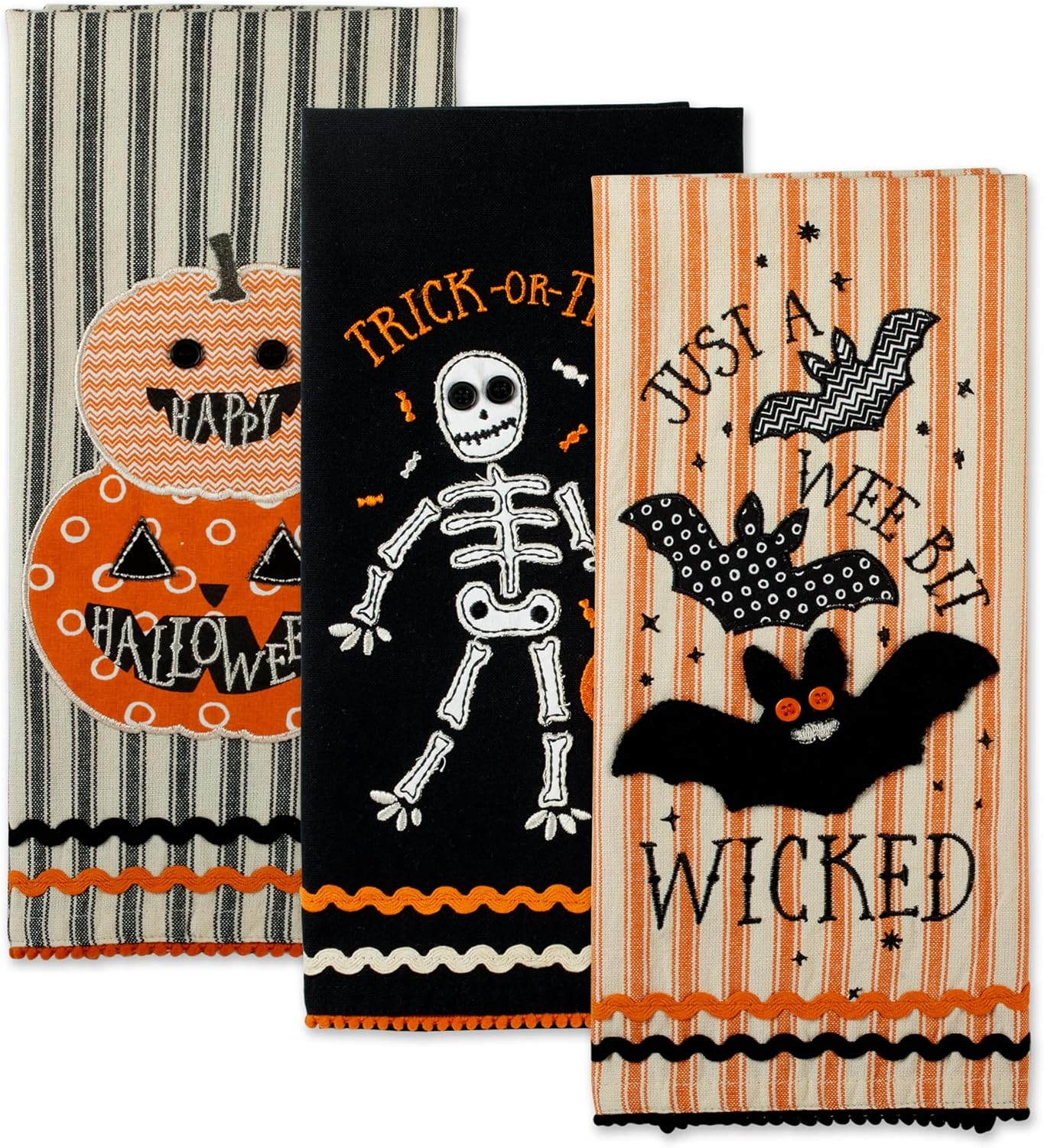 DII Happy Halloween Dishtowel Collection Embellished Cotton Kitchen Hand Towel Set, 18x28, Trick or Treat Skeleton, 3 Count