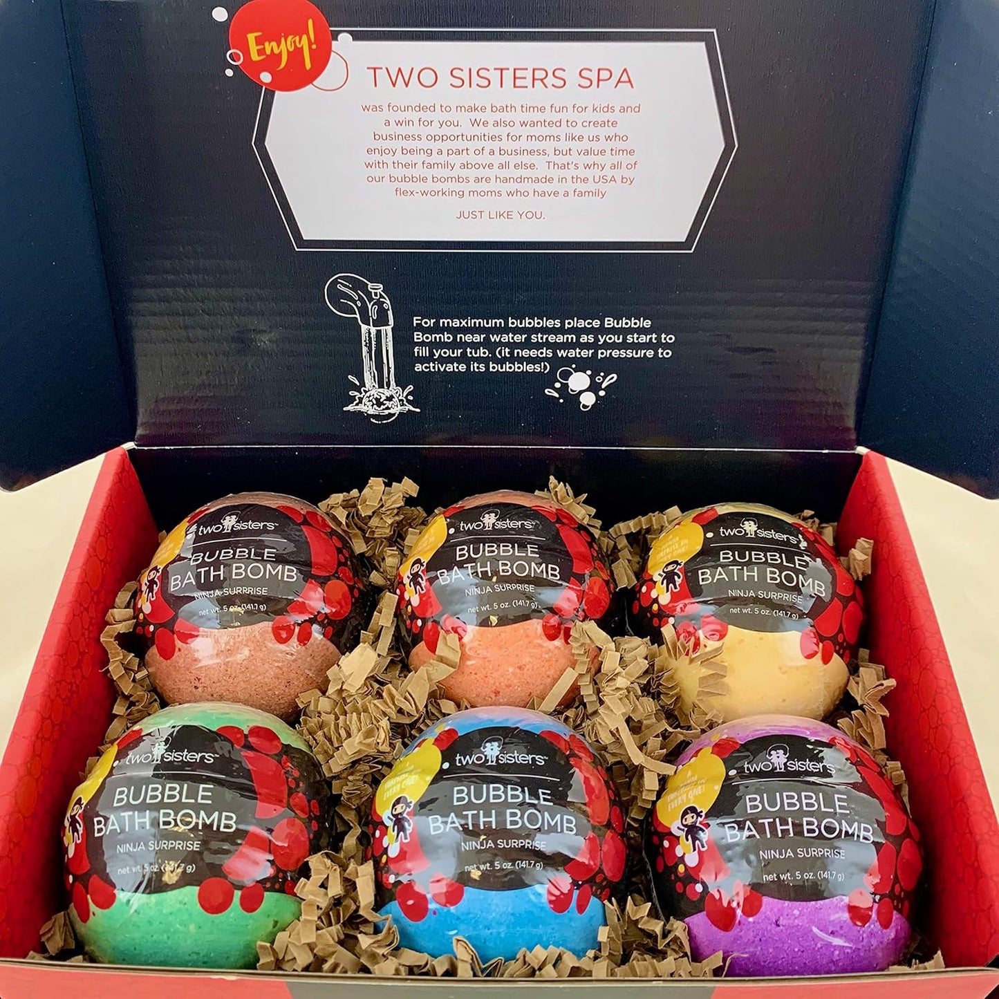 Ninja Kids Bath Bombs with Surprise Toy Inside (6 Pack) - Large Red Bubble Bomb and Fizzies, Gentle and Safe, USA Made - Ideal Gift for Boys and Girls by Two Sisters