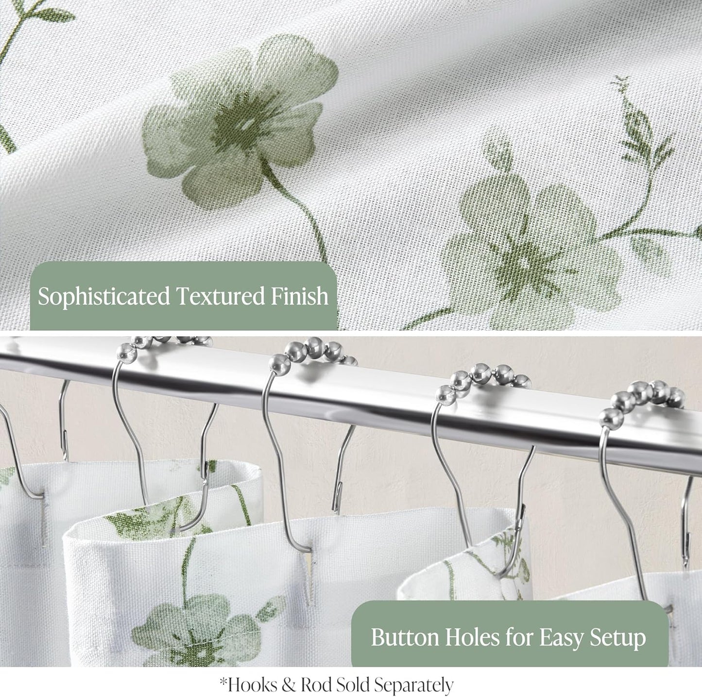 Martha Stewart Martha's Garden Shower Curtain Botanical Floral Print Cotton Shower Curtain for Bathroom, Spa Quality Modern Shower Curtains Standard Size, 72x84 Sage Green