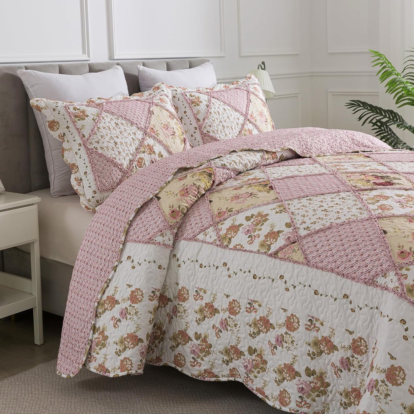 HoneiLife Queen Quilt Bedding Sets - Floral Quilt Bedding Sets 3-Piece 90x96, Lightweight Bedspreads Patchwork Coverlet Rustic Bedding Set All Season Quilts