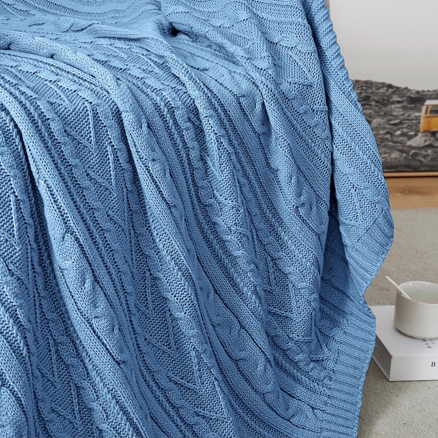 Aormenzy Dusty Blue Cable Knit Throw Blanket Queen Size for Bed Couch Sofa, Super Soft Cozy Knitted Blanket 90" x 90" Bed Blankets Full Size