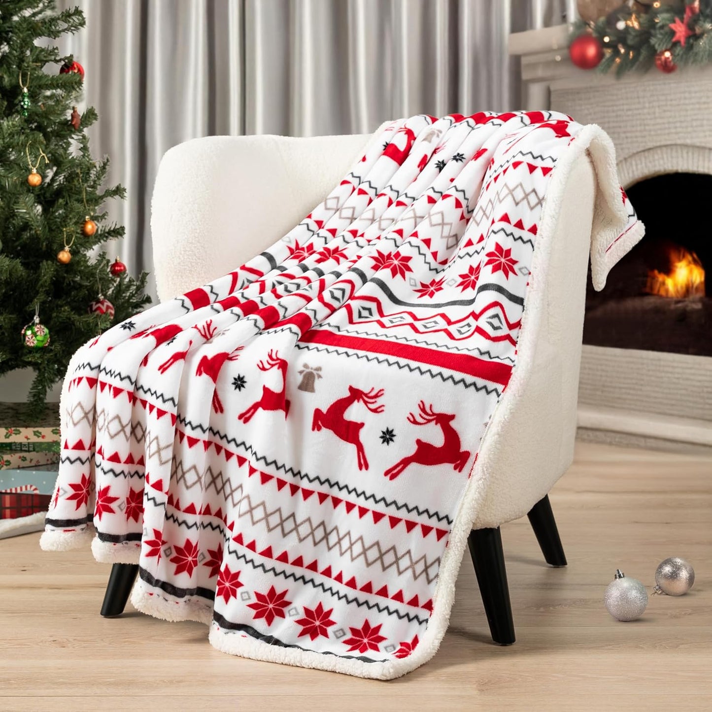 PAVILIA Premium Christmas Sherpa Throw Blanket | Christmas Decoration Gift, Fleece, Plush, Warm, Cozy Reversible Microfiber Holiday Blanket | White Reindeer - 50x60