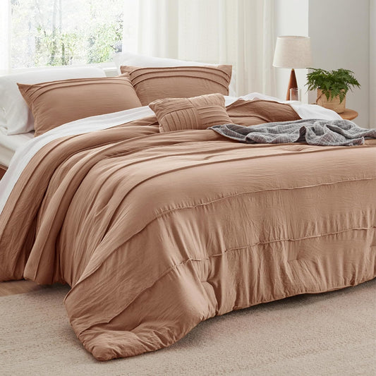 Bedsure King Comforter Set - 4 Pieces Pinch Pleat Bed Set, Taupe Boho Bedding for All Season, 1 Soft Comforter, 2 Pillowcases, 1 Decorative Pillow