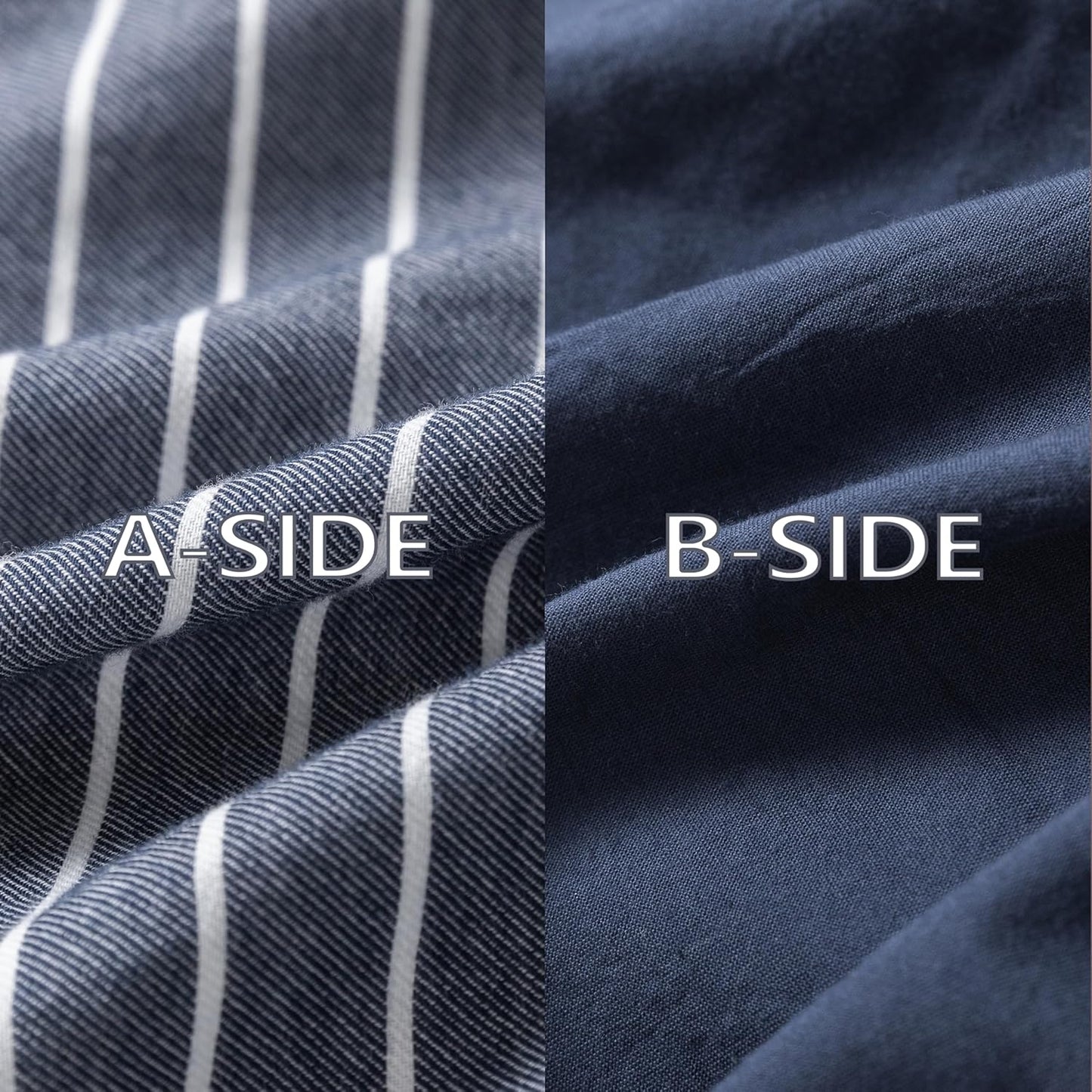 Reversible Duvet Cover Set 100% Washed Cotton Blue Stripe Linen Feel Duvet Cover Queen Size with Zipper Closure & 2 Pillow Shams,Navy/White Stripe Reverse Solid Navy