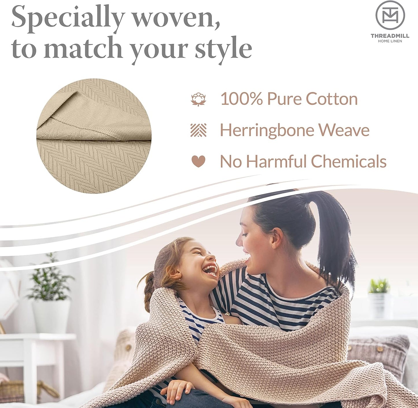 Threadmill Luxury Cotton Blankets for Twin Size Bed | All-Season 100% Cotton Twin Blanket for Bed | Herringbone, Soft & Cozy Fall Thermal Blanket, 350GSM, 68x92 inches | Beige