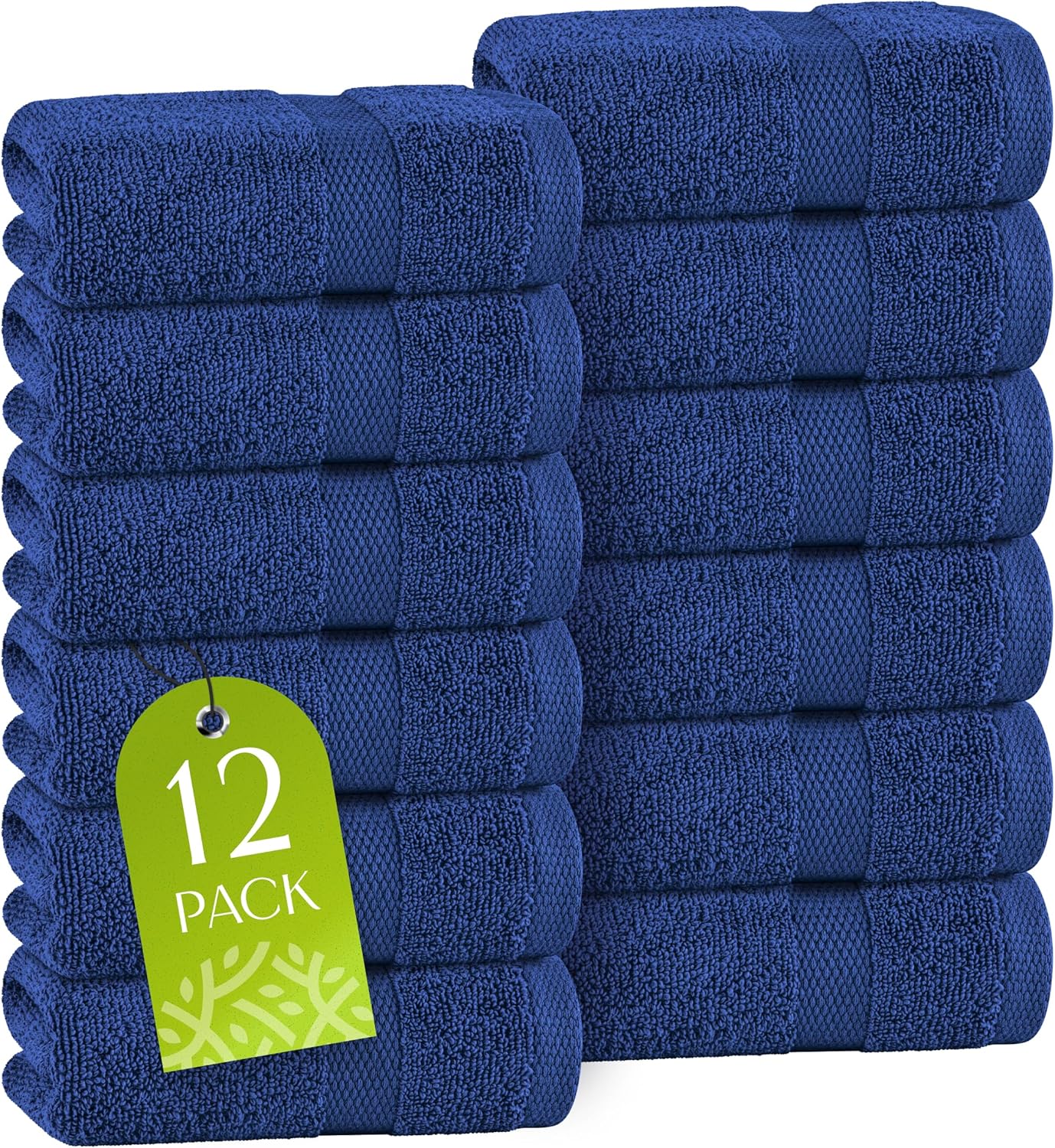 White Classic Navy Washcloths Set for Body and Face Towel, Cotton Wash Cloths Bulk 12 Pack, Spa Fingertip Wash Clothes 12x12 Inch, Soft Absorbent Gym Towels