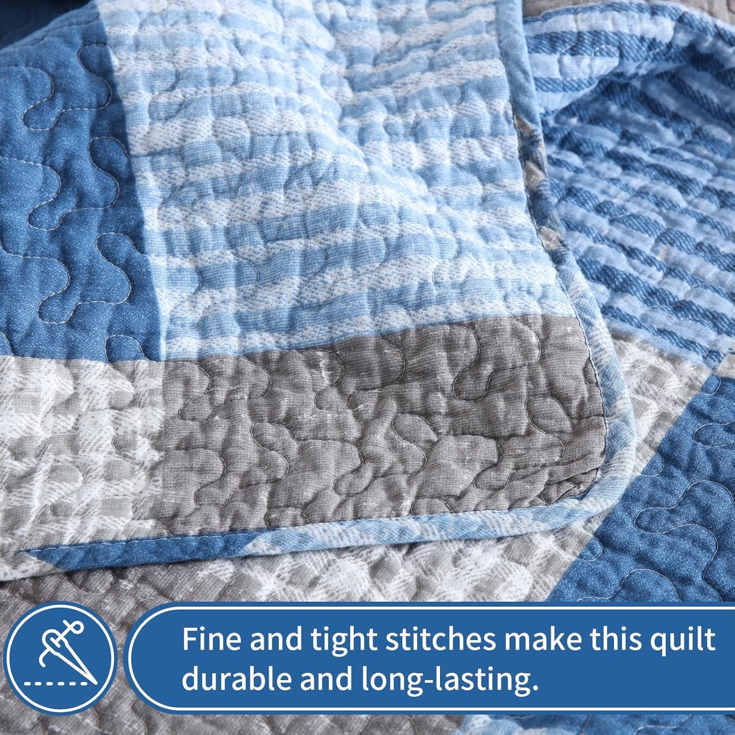 KALOOLA Plaid Quilts Queen Size, 100% Cotton Soft Bedding Set with 2 Pillow Shams, Farmhouse Lightweight Blue Grey Queen Bedspread Coverlet Set for All Season, 3 Pieces