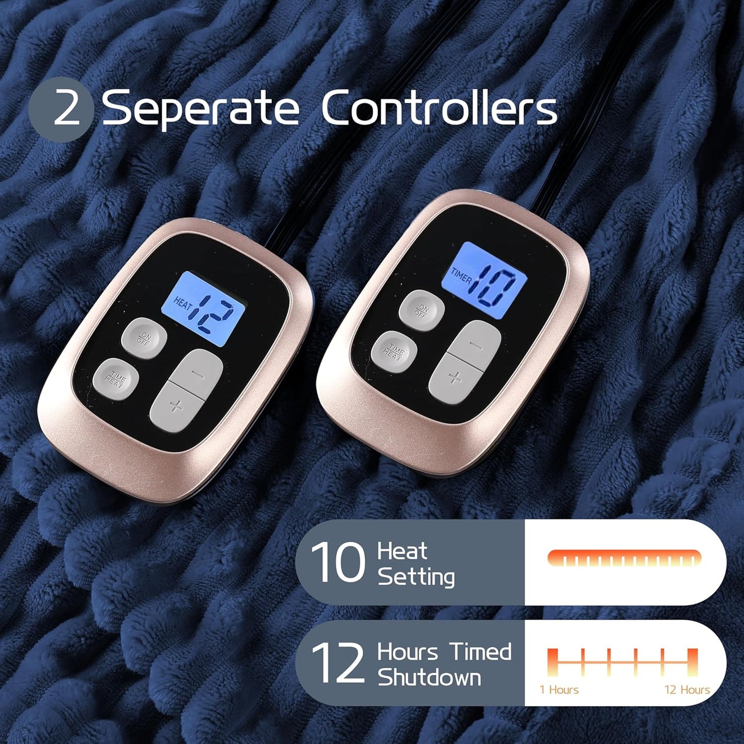 Electric Heated Blanket Queen Size 84x90 Inch - Ultra Soft Silky Flannel with Ribbed Texture, Dual Zone Controllers with 10 Heating Levels and 12 Hours Auto-Off Feature - Navy Blue