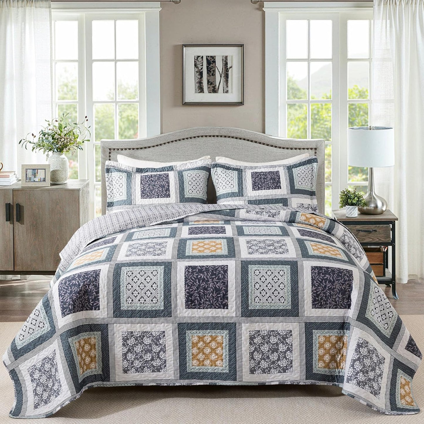HoneiLife Queen Quilt Bedding Set - 3 Pieces Microfiber Quilt Sets Lightweight Bedspreads Reversible Coverlets Rustic Bed Cover Floral Bedding Set All Season Quilts-Grey