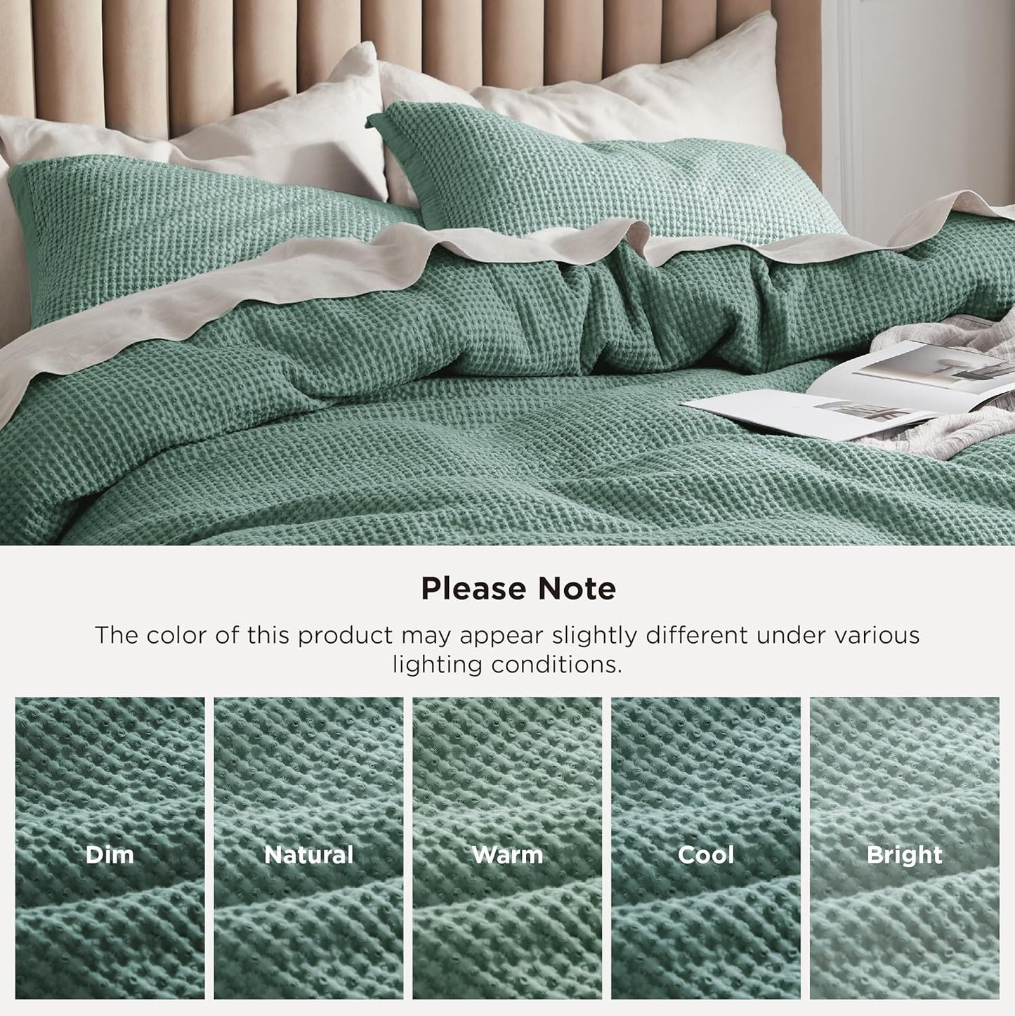 Bedsure Cotton Duvet Cover King - 100% Cotton Waffle Weave Green Duvet Cover King Size, GentleSoft™ and Breathable Bedding for All Season, 3 Pieces, 104"x90"