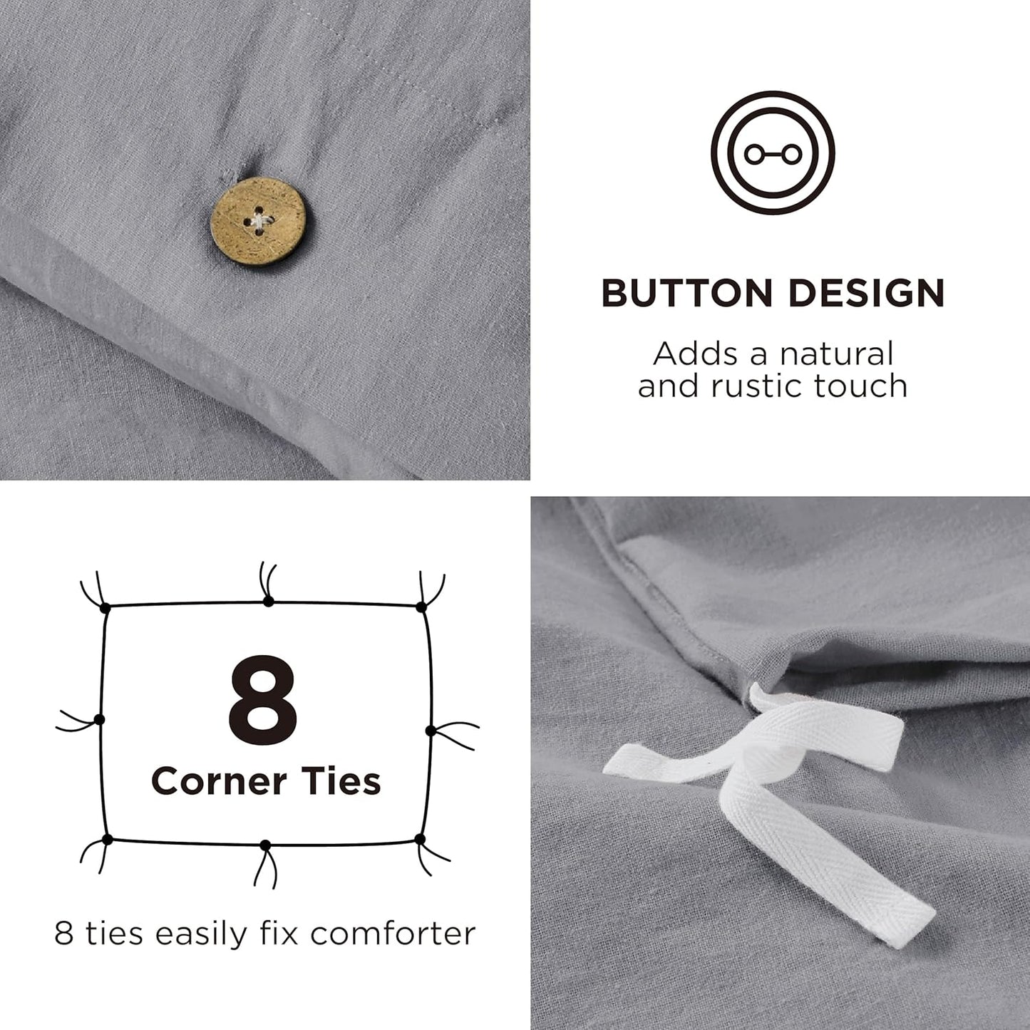 Bedsure Linen Duvet Cover King - Linen Cotton Blend Bedding Set, Soft & Cozy, 3 Pieces, 1 Duvet Cover 104x90 Inches and 2 Pillowcases, Silver Grey Color Cooling Bedding, Comforter Sold Separately