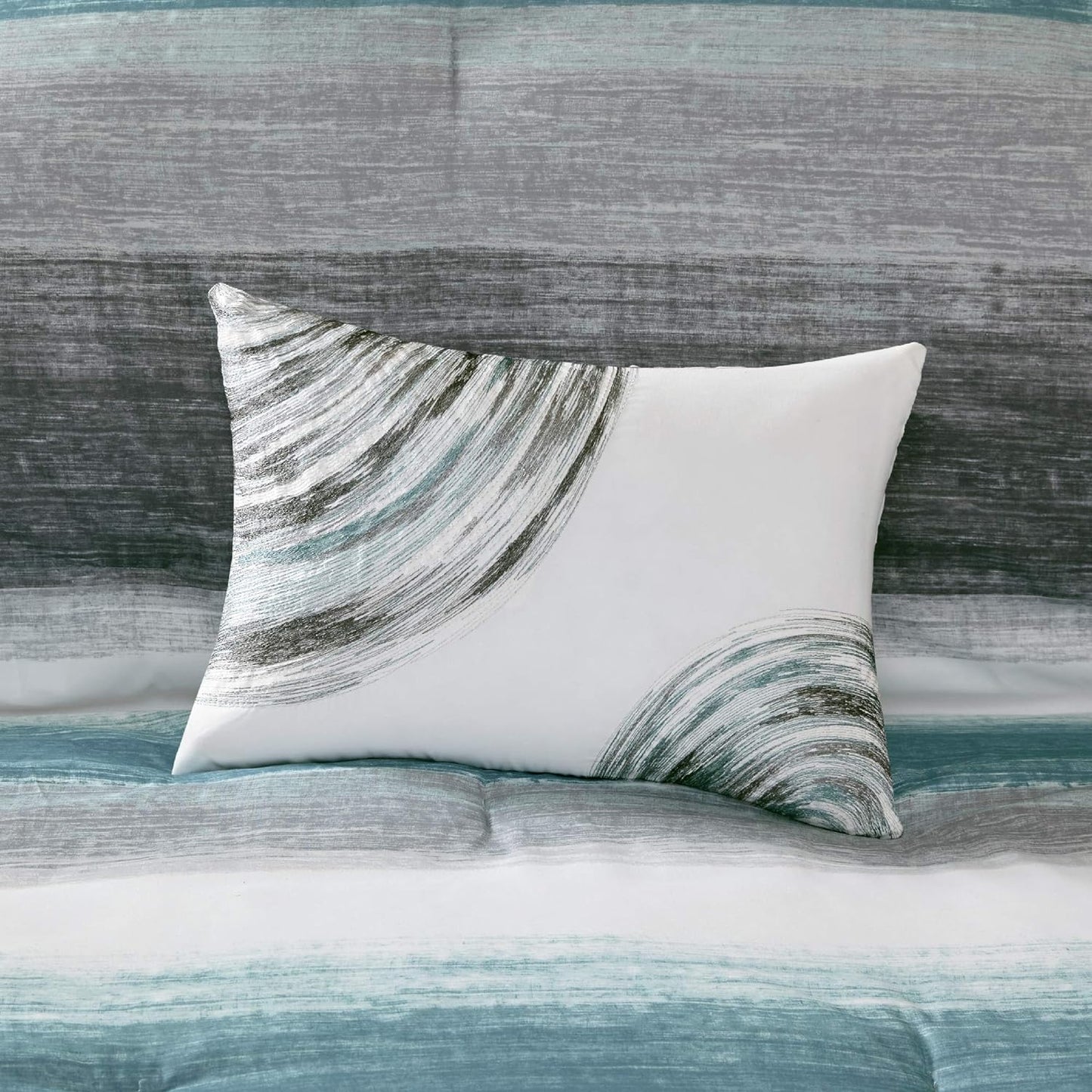Madison Park Essentials Twin Comforter Set, Bed in a Bag Twin, Watercolor Print Coastal Comforter & Chambray Cotton Sheet Set, All Season Bedding Set, Saben, Aqua Twin (68 in x 86 in) 7 Piece