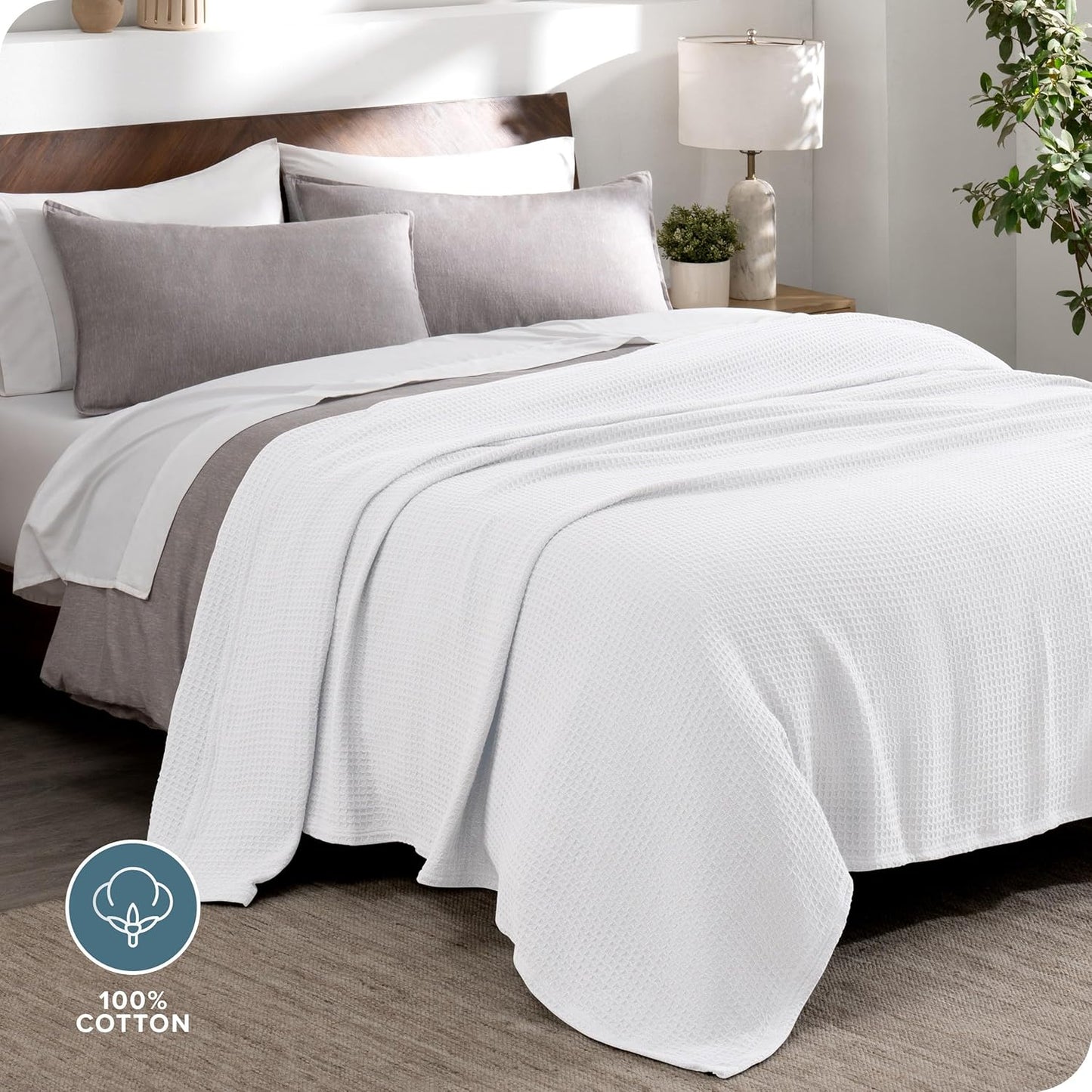 Bare Home White Waffle Blanket, 108Wx90L, 100% Cotton, Soft & Breathable for All Seasons, Lightweight Blanket, Perfect for Layering Bed, Sofa & Couch (King/Cal King, White)