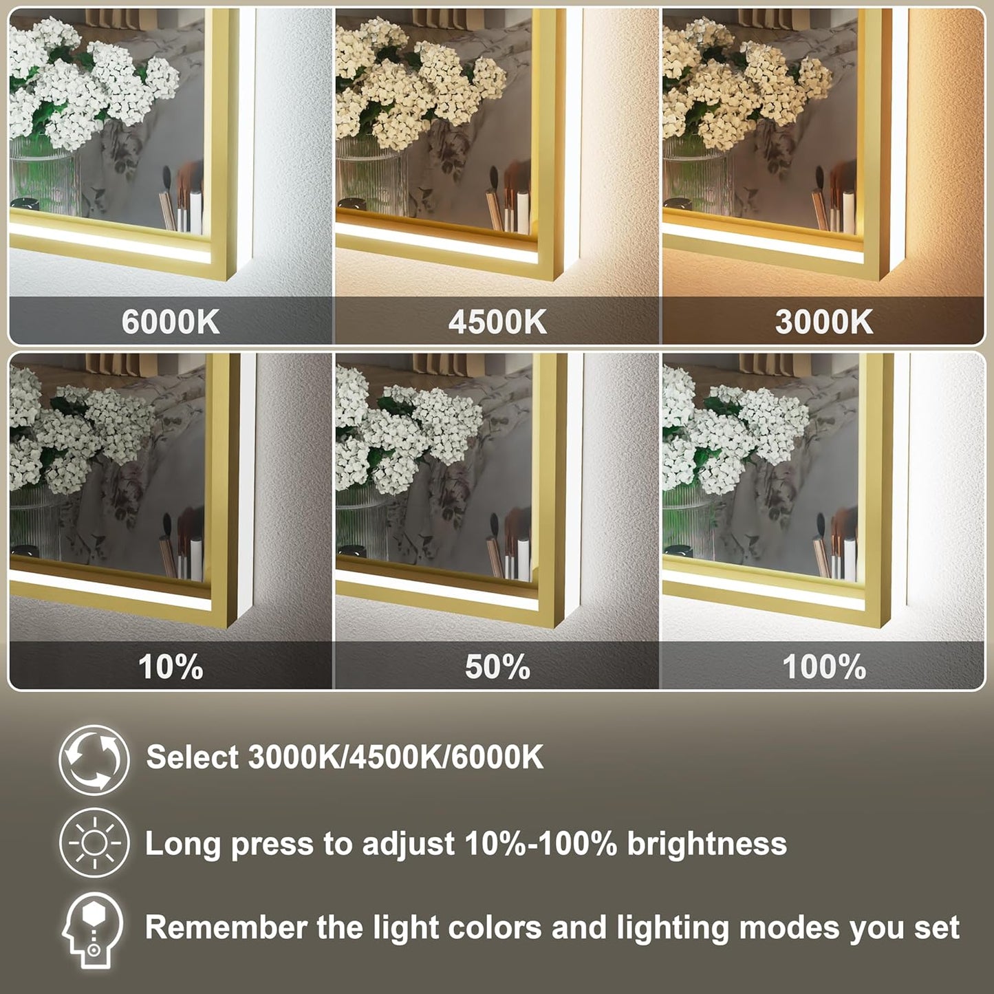 20x28 Inch Gold LED Bathroom Mirror, Front and Backlit Controlled Separately, Lighted Bathroom Vanity Mirror, 3000K/4500K/6000K, Wall Mounted, Dimmable, Anti-Fog, Horizontal/Vertical
