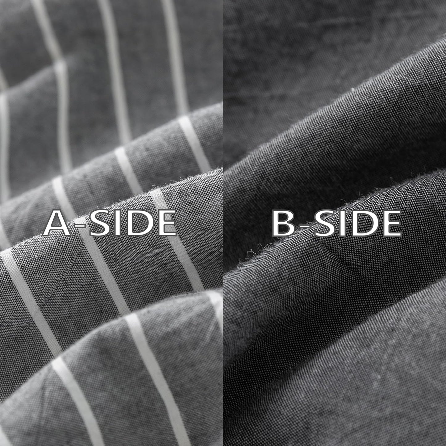 Reversible Duvet Cover Set 100% Washed Cotton Dark Grey Pinstripe Linen Feel Duvet Cover King Size with Zipper Closure & 2 Pillow Shams,Dark Grey/White Pinstripe Reverse Solid Dark Grey