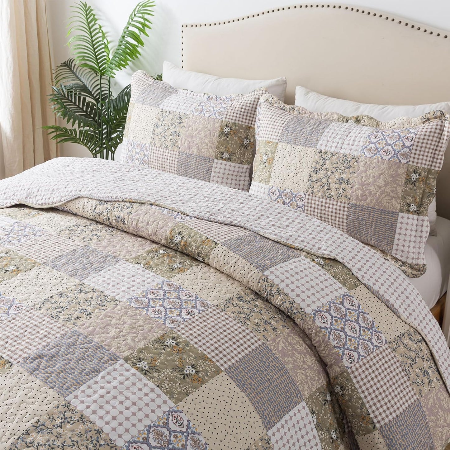 HoneiLife Quilt Set King Size - Lightweight Bedspreads 106x96, Microfiber Quilts 3-Piece, Patchwork Coverlet Rustic Bedding Sets All Season Quilts