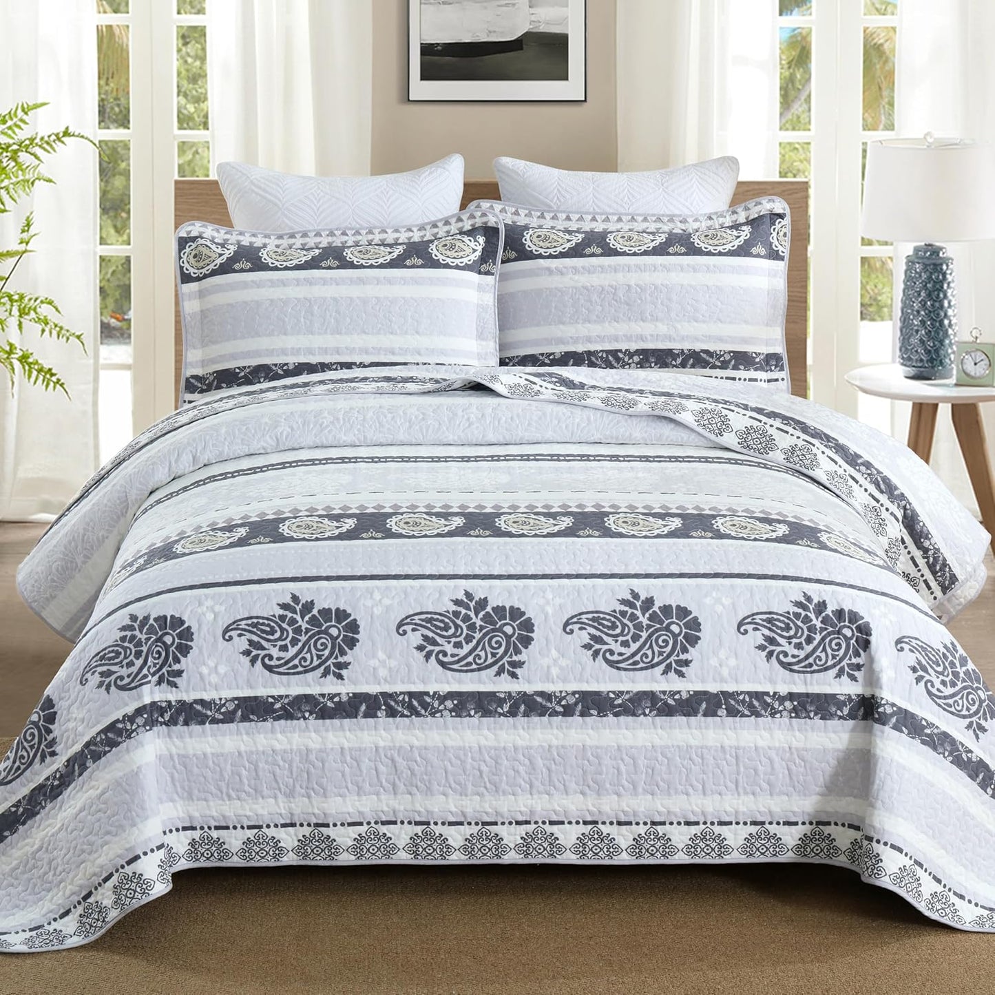 Quilt King Size,Cotton Bedding Set, Purple King Size Comforter, Luxury Striped Bed Set, Reversible Bedspread All Seasons,Lightweight Soft 3 Piece
