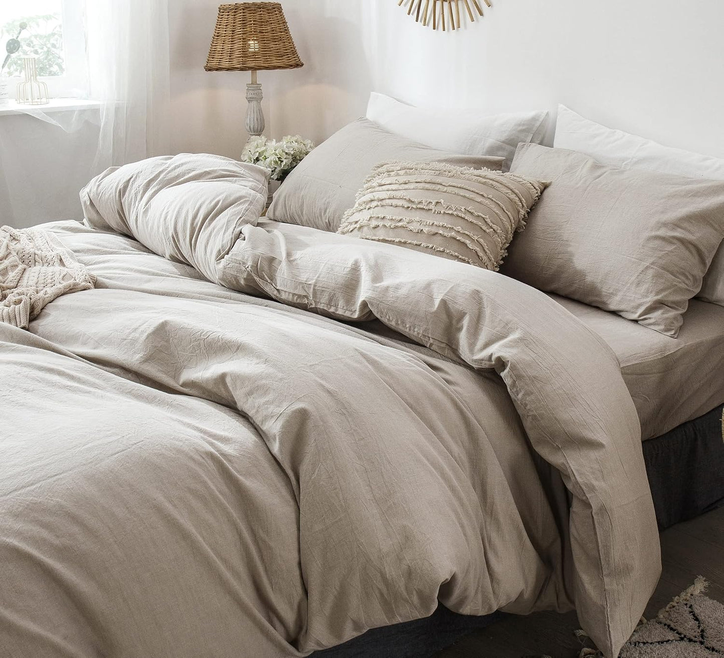 MooMee Bedding Duvet Cover Set 100% Washed Cotton Linen Like Textured Breathable Durable Soft Comfy (Heathered Tannish Linen Grey, Full 80"x90")