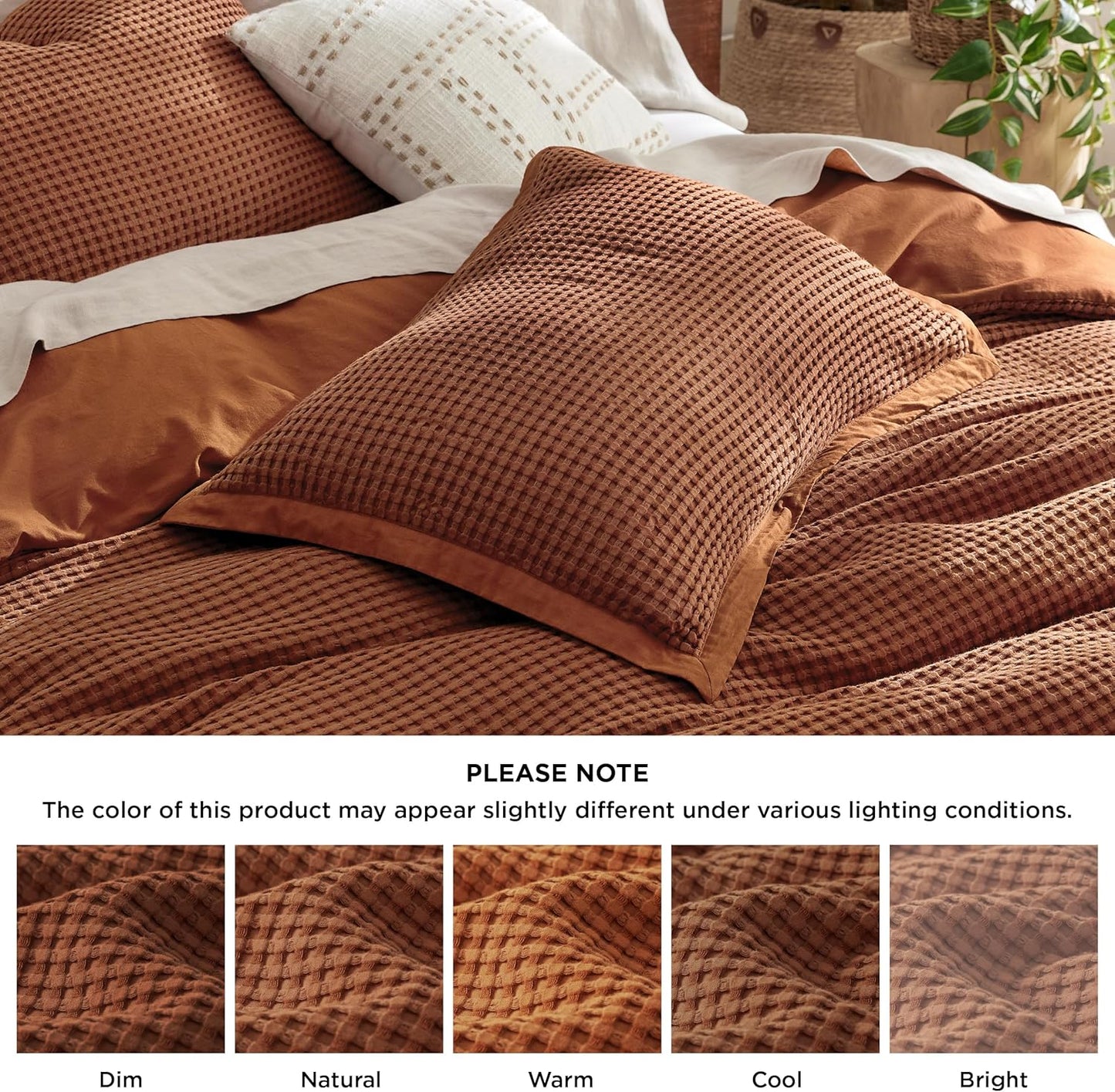Bedsure Cooling Waffle Duvet Cover King - Cotton Blend Rayon Derived from Bamboo Duvet Cover Set for Hot Sleepers, Breathable Bedding Set with a Vintage Charm, 3 Pieces (Burnt Orange, King, 104"x90")