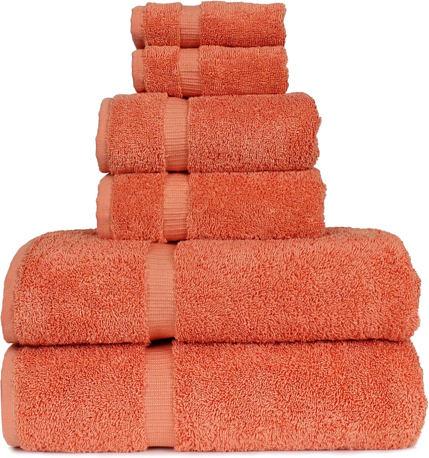 Luxury Hotel & Spa Quality Collection, Highly Absorbent & Quick Dry 100% Turkish Cotton, 750+ GSM, Eco Friendly Towel, Dobby Border Towels, 2 Bath Towel, 2 Hand Towel, 2 Washcloths (6 Piece, Coral)