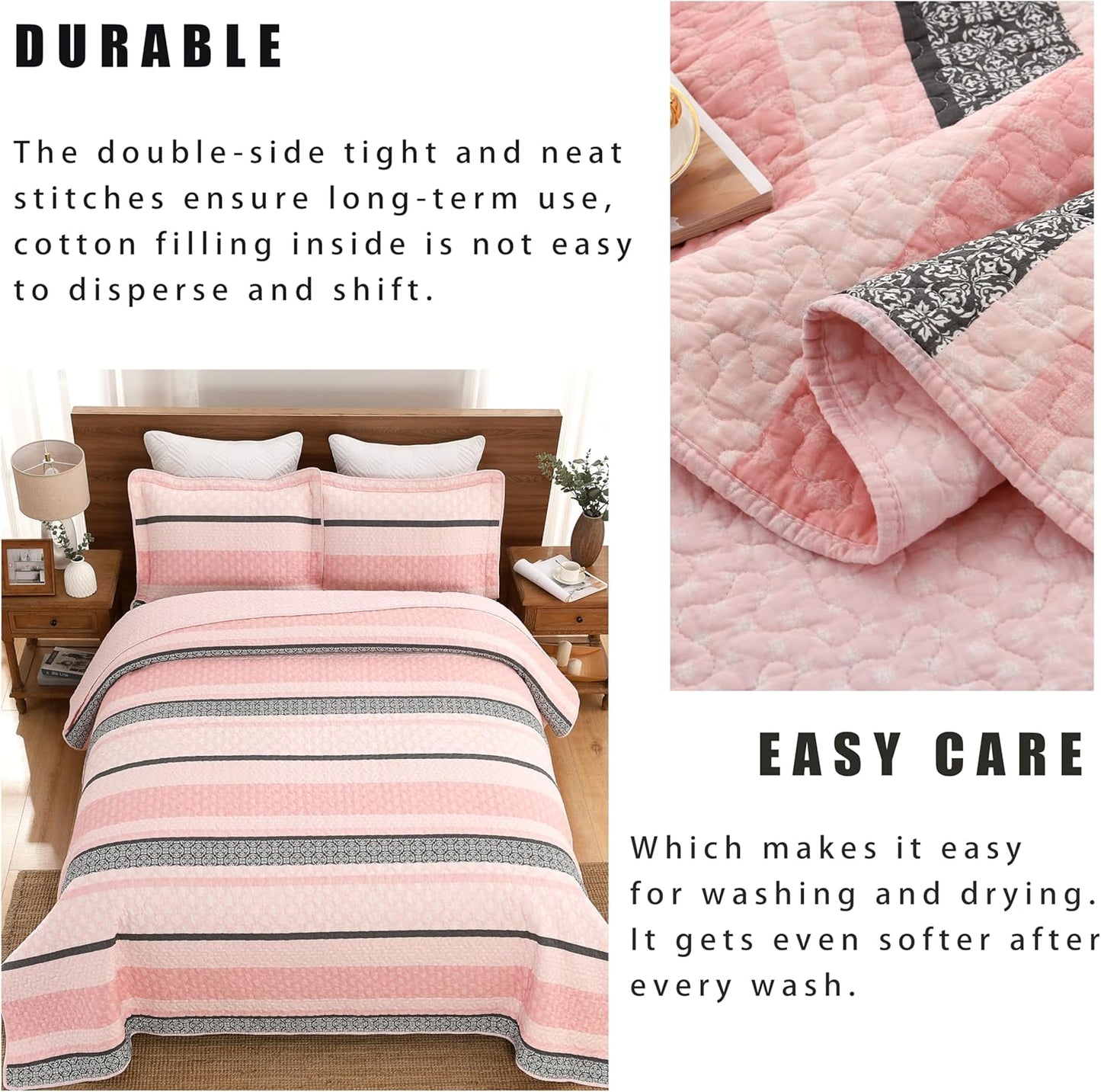 Homzard King Size Comforter Set, Cotton Quilt,Light Pink and Grey Bedding Set,Lightweight Striped Bedspread, Reversible Coverlet King Size (106"X98") with 2 Pillow Shams All Season