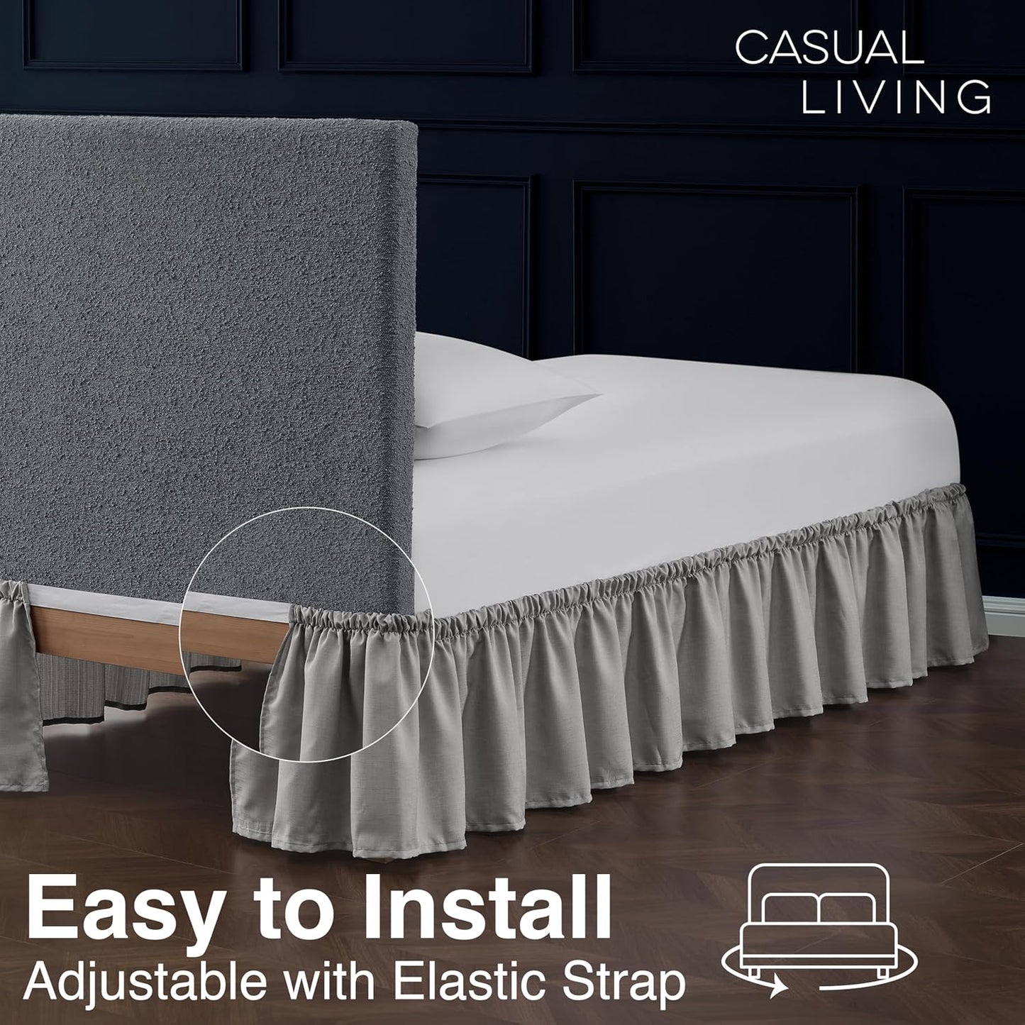 Bed Skirt Twin/Twin XL Bed Skirt Wrap Around Ruffled Box Spring Cover, Easy Install, Washable 15" Drop Elastic Dust Ruffle by Casual Living, 39-inch x 75-inch, Grey