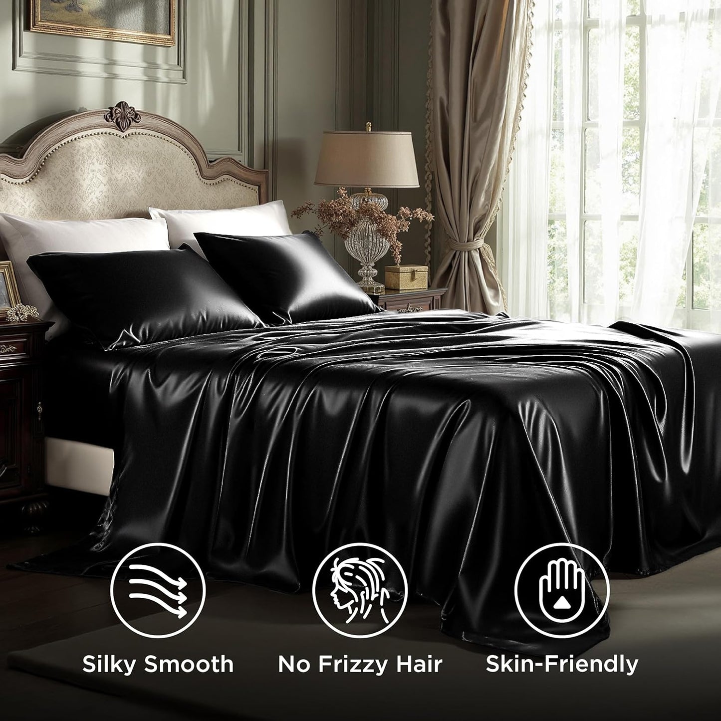 Bedsure Black Satin Sheets King Size - 4 Piece Silky Bedsheets with 15 Inches Deep Pocket Fitted Bedsheet,1 Flat Sheet, 2 Satin Pillowcases, Good for Hair & Skin (King, Black)