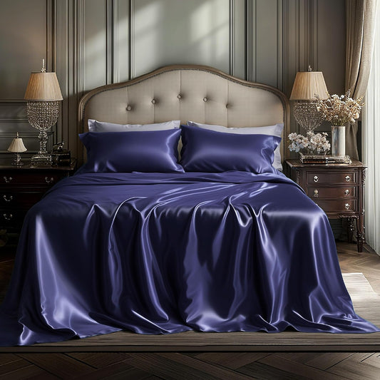 Bedsure Satin Sheets Queen Size - 4 Piece Silky Bedsheets with 15 Inches Deep Pocket Fitted Bedsheet,1 Flat Sheet, 2 Satin Pillowcases, Good for Hair & Skin (Queen, Navy)