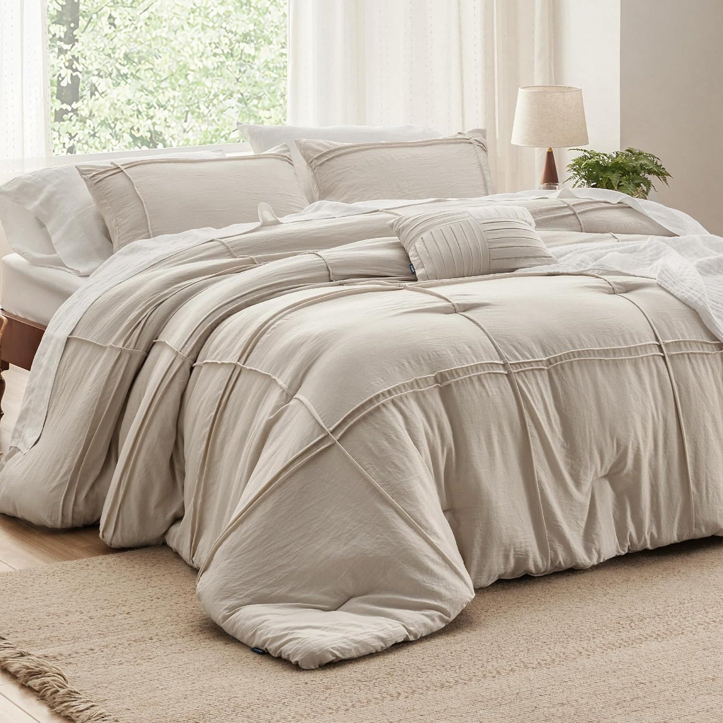 Bedsure Full Comforter Set - 4 Pieces Grid Pleat Bed Set, Beige Boho Bedding for All Season, 1 Soft Comforter, 2 Pillowcases, 1 Decorative Pillow