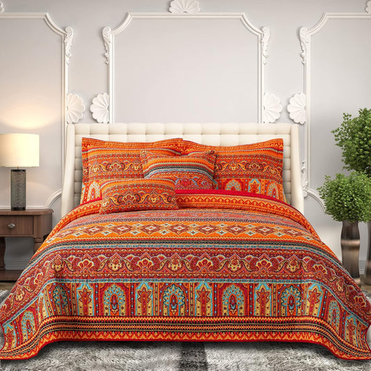 BEDIFANY Cotton King Size Quilt Set - Boho Lightweight King Bedspread - Colorful Orange Reversible Coverlets Quilt Bedding Sets - Oversized King Quilt Set for Bed Decorations for All Seasons, 3 Pieces