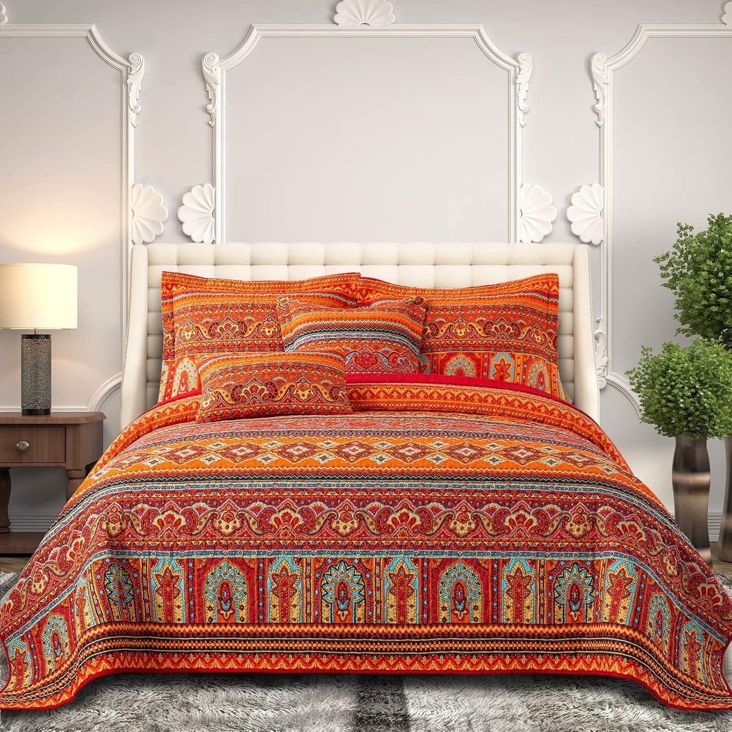 BEDIFANY Cotton California King Quilt Set - Lightweight Boho Bedspread Oversized King Size - Colorful Orange Stripe King Size Quilt Bedding Sets (108 * 118 Inch) for Bed Decorations Coverlet, 3 Pieces