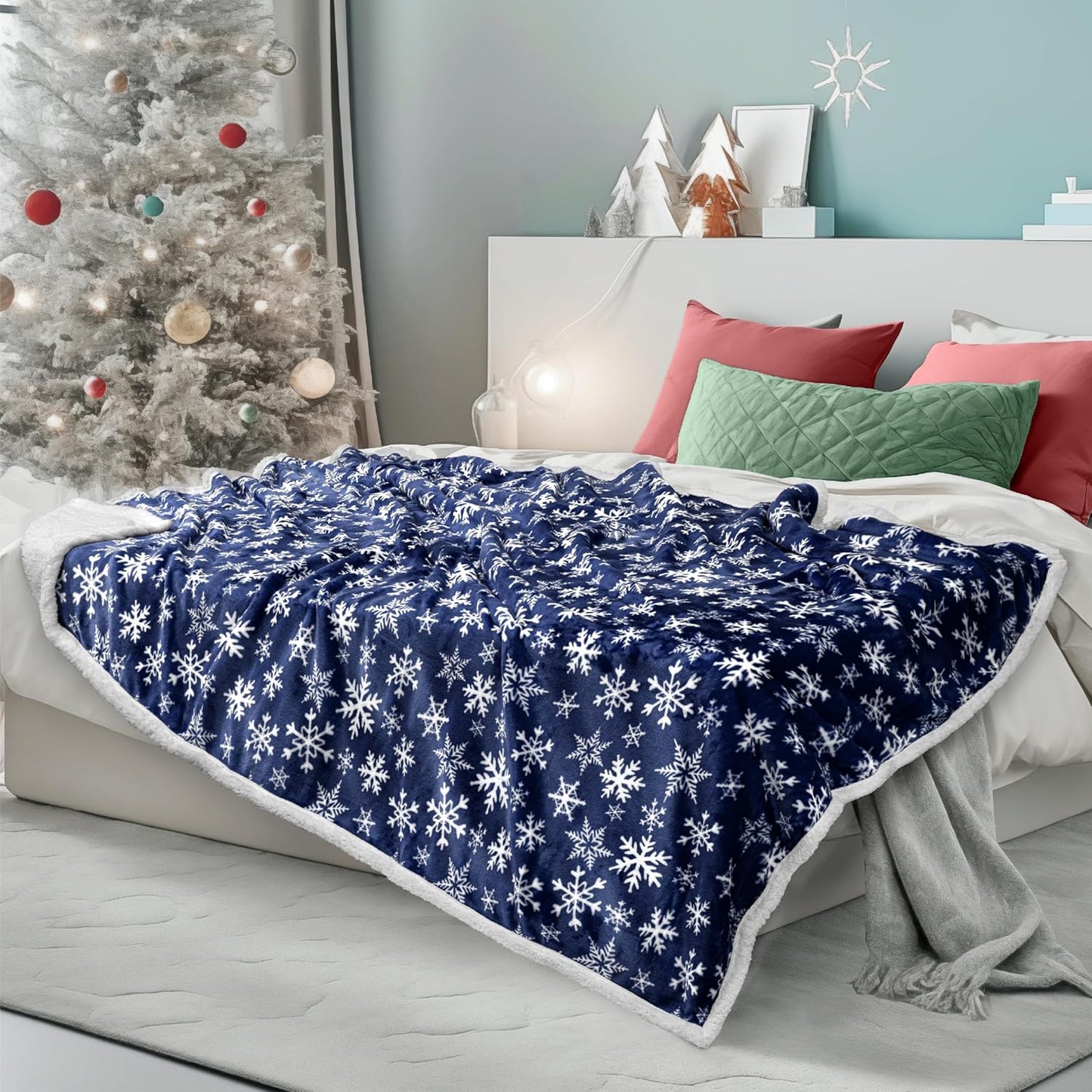 PAVILIA Premium Christmas Sherpa Throw Blanket | Blue Snowflake Decoration, Fleece, Plush, Warm, Cozy Reversible Microfiber Holiday Blanket 50 x 60 Inches
