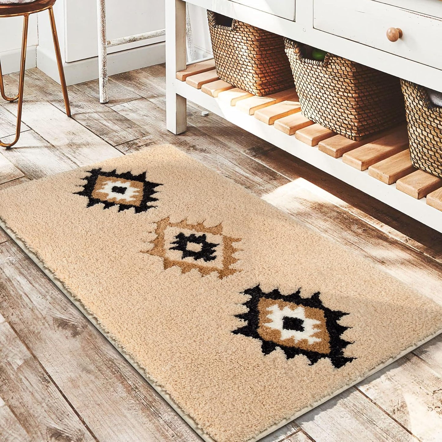 DEXDE Bathroom Rugs Boho Moroccan Bath Rug 20x32 Inches - Geometric Non-Slip Bath Mat, Cream Beige Machine Washable Quick Dry Absorbent Soft for Bathroom, Neutral Decor