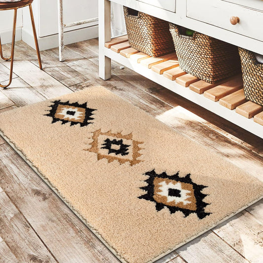 DEXDE Bathroom Rugs Boho Moroccan Bath Rug 20x32 Inches - Geometric Non-Slip Bath Mat, Cream Beige Machine Washable Quick Dry Absorbent Soft for Bathroom, Neutral Decor