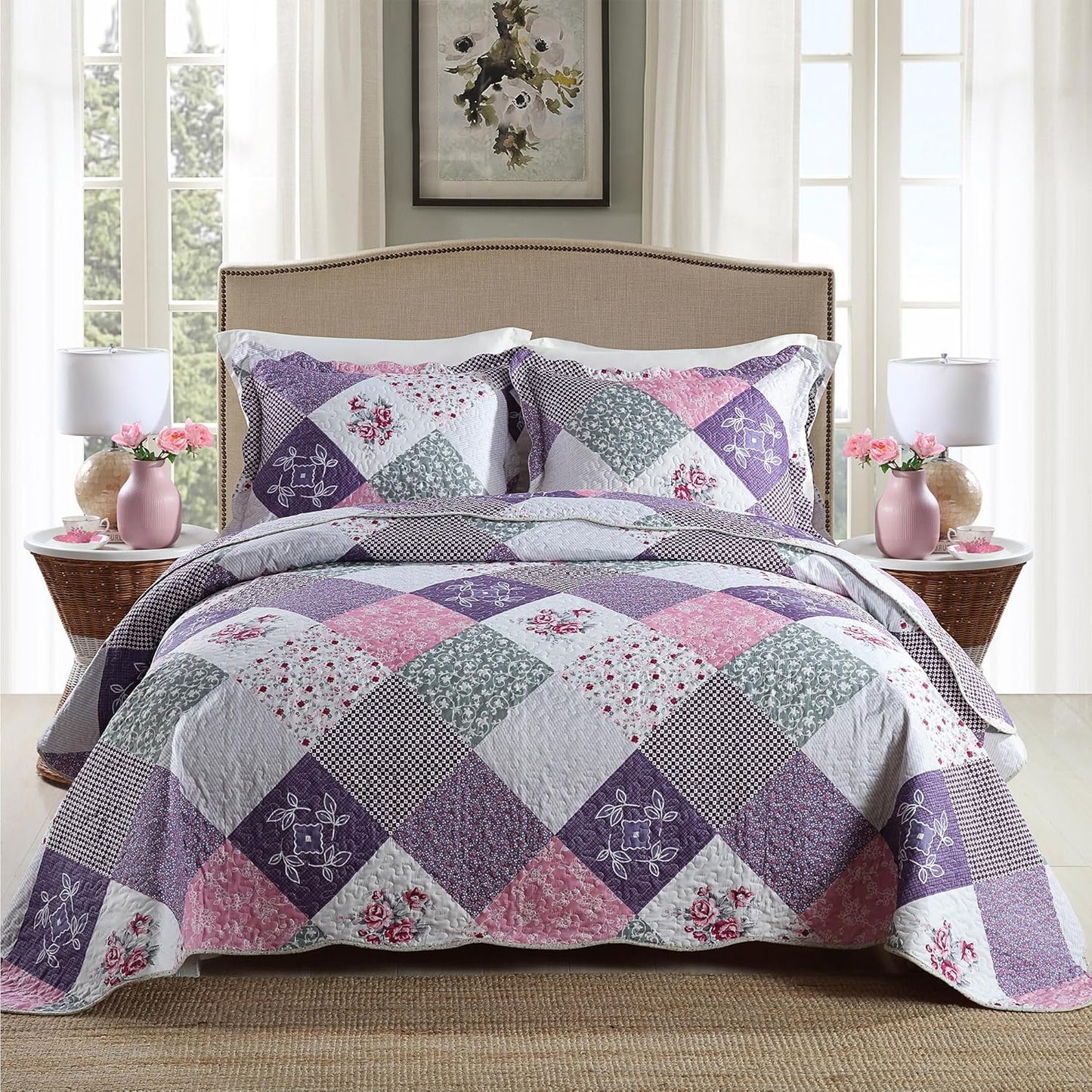 HoneiLife Quilt Set Twin Size - 2 Piece Microfiber Quilts Reversible Bedspreads Patchwork Coverlets Floral Bedding Set All Season Quilts with Geometric and Little Rose Print Pattern，Purple