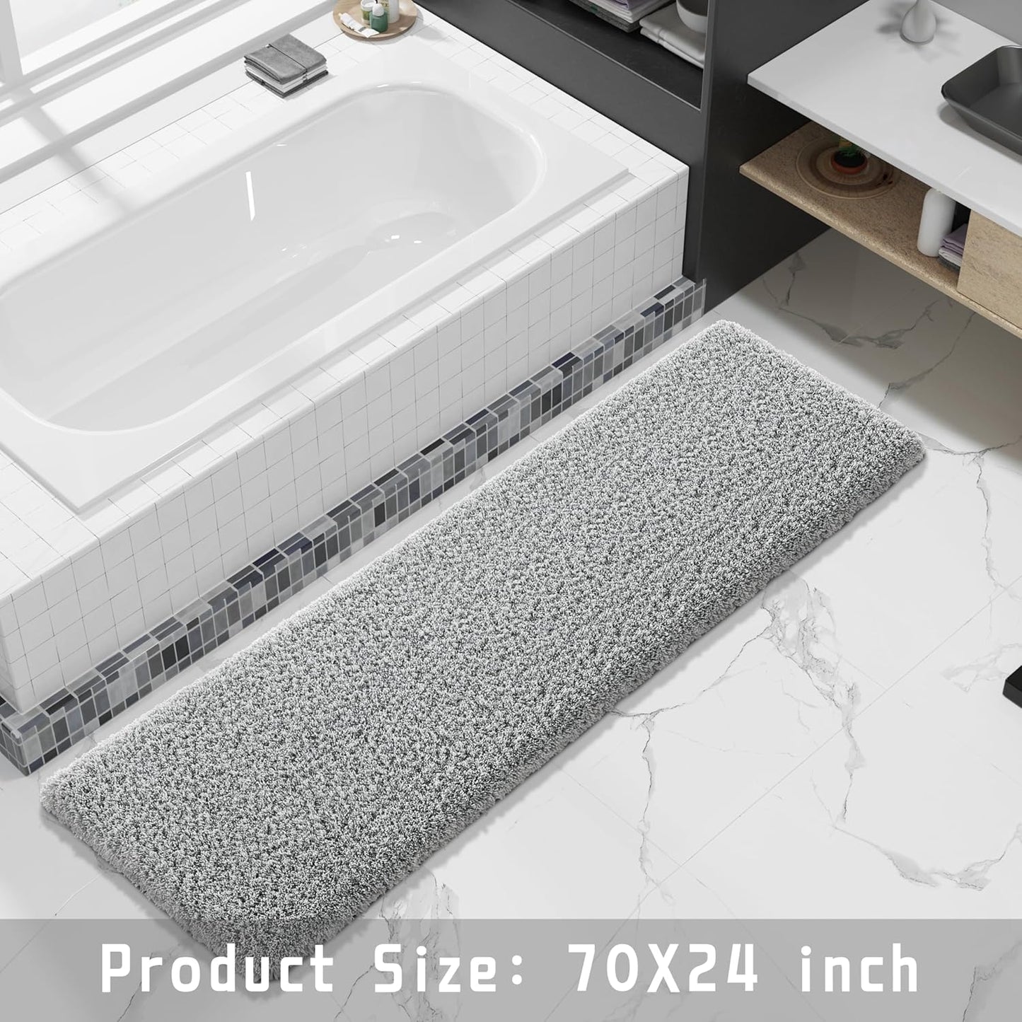 Yimobra Fluffy Plush Bath Rug, Super Shaggy Soft Comfortable Non Slip, Water Absorbent Microfiber Bath Mat, Dries Quickly, Machine Washable Thick Bathroom Rugs for Shower, 70"x 24", Pure Gray