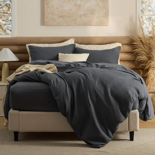 Bedsure 100% Cotton Duvet Cover King Size with Fitted Sheet - 4 Pieces Charcoal Waffle Weave Bedding Set, GentleSoft™ and Breathable, Includes 1 Duvet Cover 104x90, 1 Fitted Sheet, 2 Pillow Shams