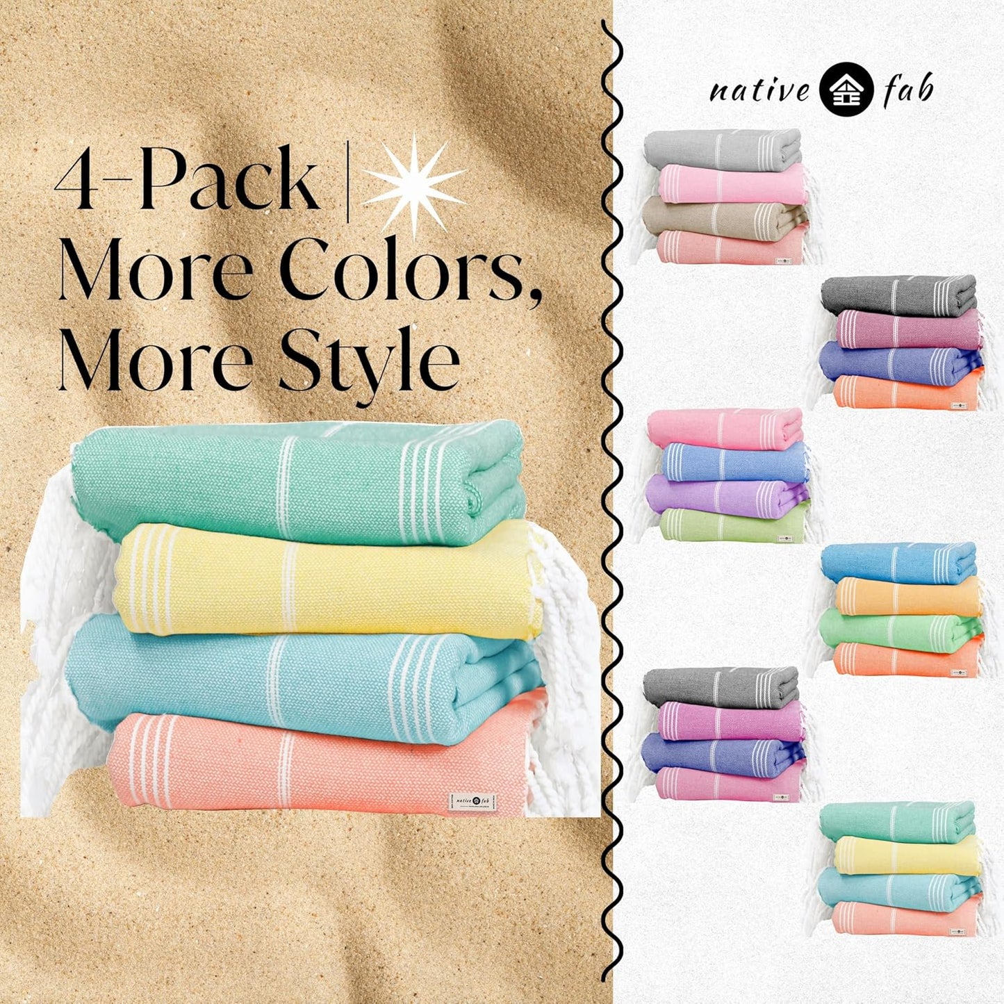 Native Fab Turkish Towels Set of 4, Large 40x71 Inches, Soft, Fast Drying, Lightweight, Absorbent, 100% Cotton Towel for Beach, Bath, Spa, Travel Use - Light Orange, Lemon Yellow, Aqua Blue, Green