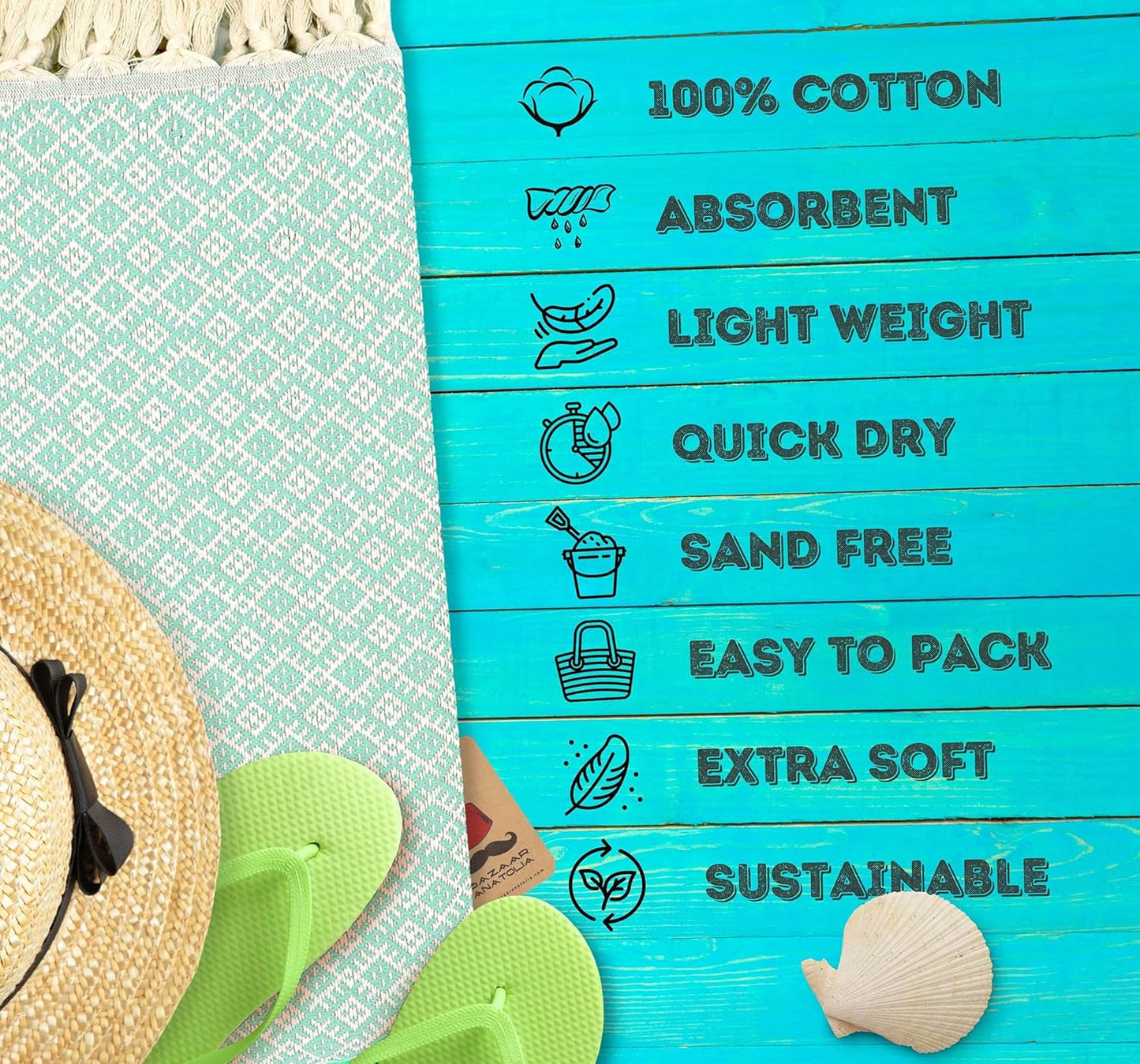 Bazaar Anatolia Turkish Beach Towel 100% Cotton Bath Towels Oversized Quick Dry Bathroom Towels Sand Free Camping Blanket 71x39 inches - Ethnic Mint