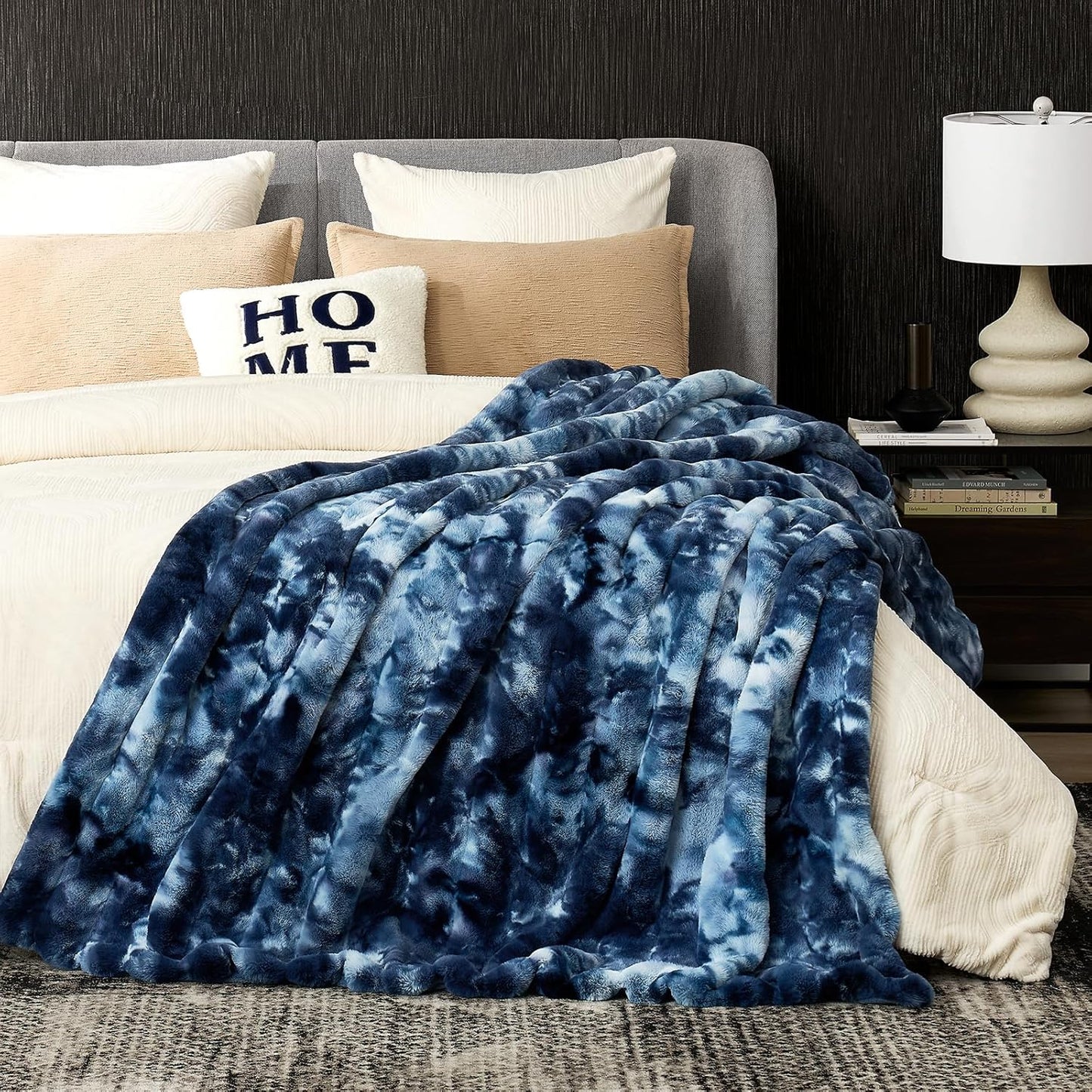 Cozy Bliss Faux Fur Throw Blanket for Couch, Fuzzy Soft Plush Thick Striped Blanket for Sofa Bedroom Living Room, 60 * 80 Inches Tie-dye Blue