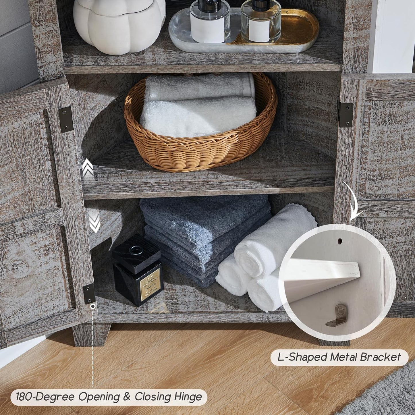 ACCOHOHO Corner Bathroom Cabinet, Farmhouse Small Corner Cabinet with Barn Door & Adjustable Shelf, Storage Cabinets for Bathroom, Kitchen, Living Room, Grey Wash