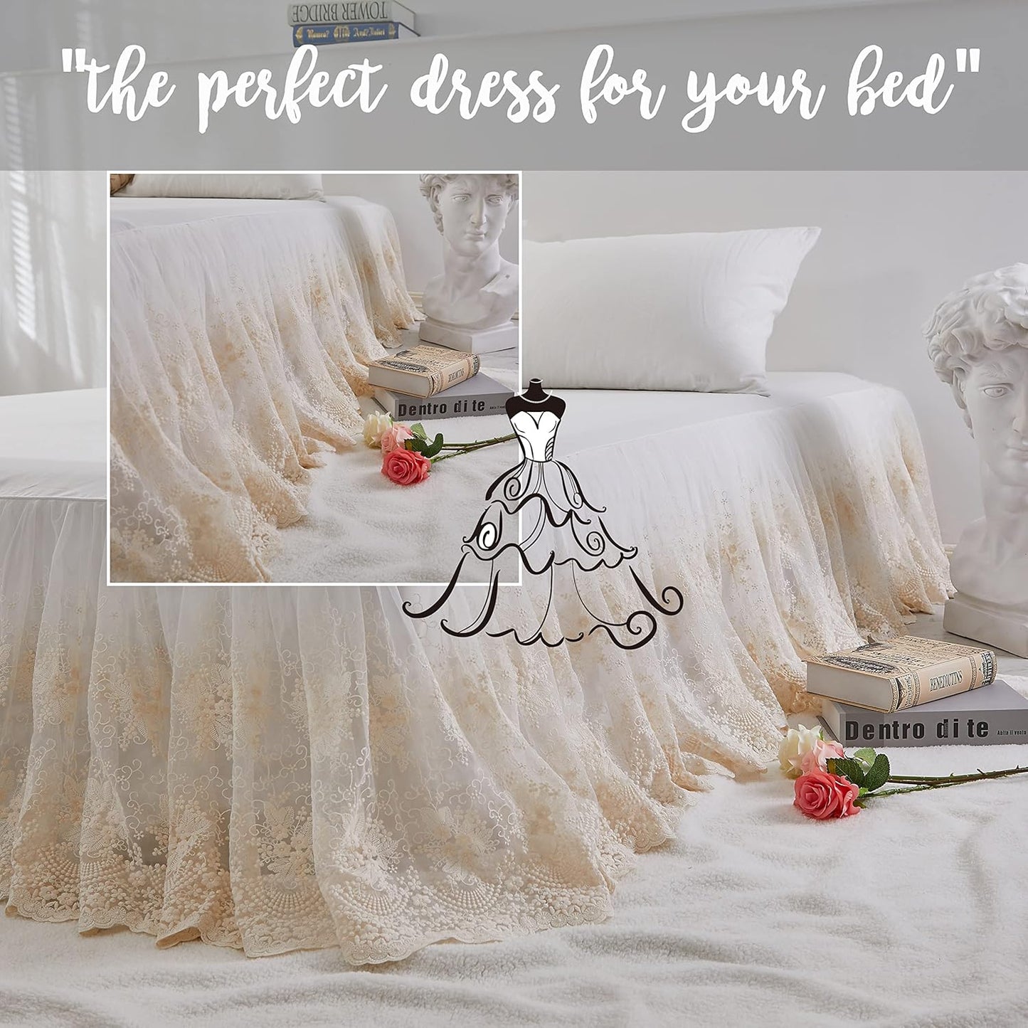 Brandream Luxury Cream White Lace Bed Skirt King Size 18 Inch Drop Split Corners Romantic Bed Cover Romantic Dust Ruffle Bed Skirts